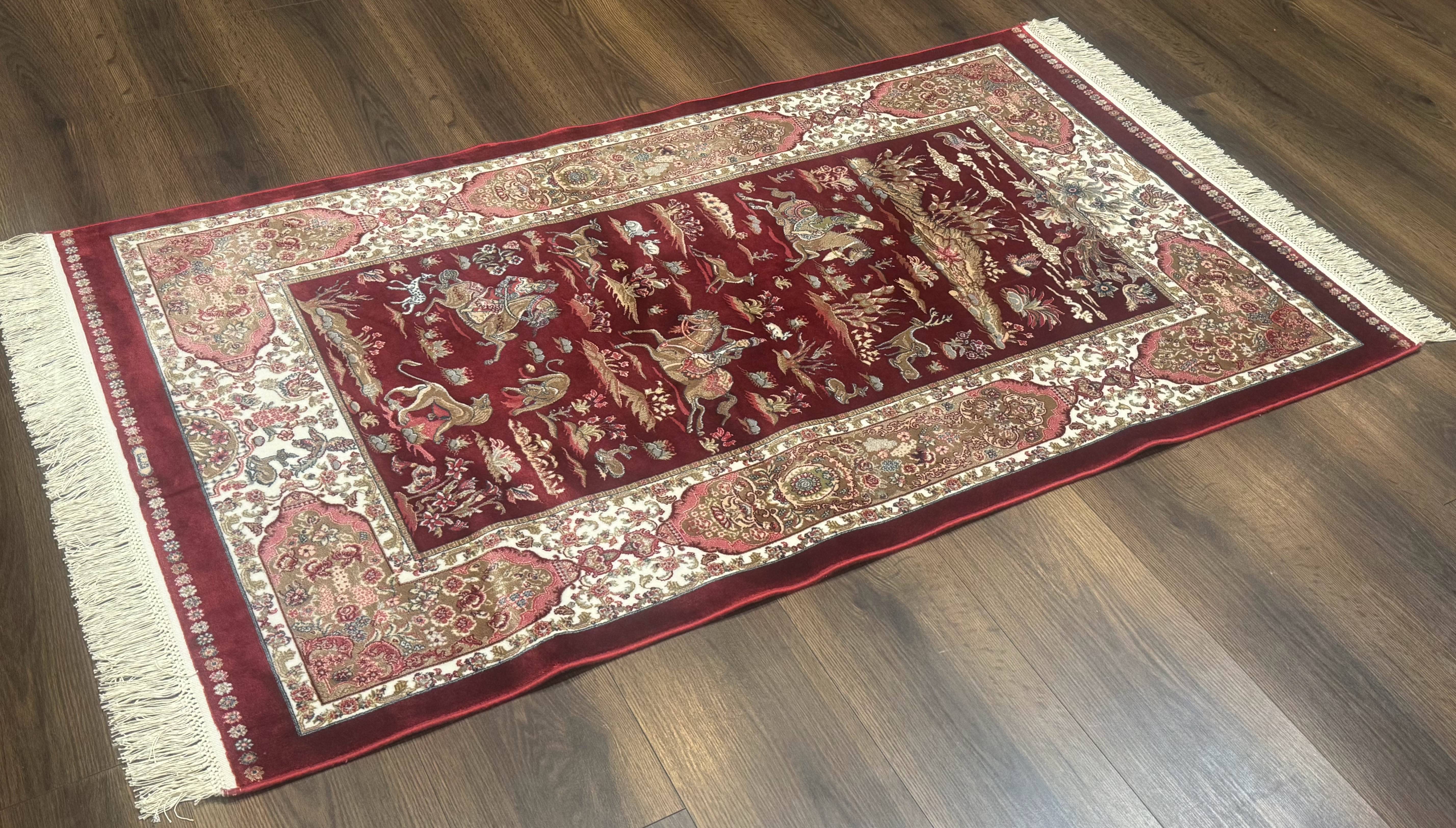Turkish Silk Rug 3x5, Hunting Design, Dark Red & Ivory, Bamboo Silk, New - Jewel Rugs