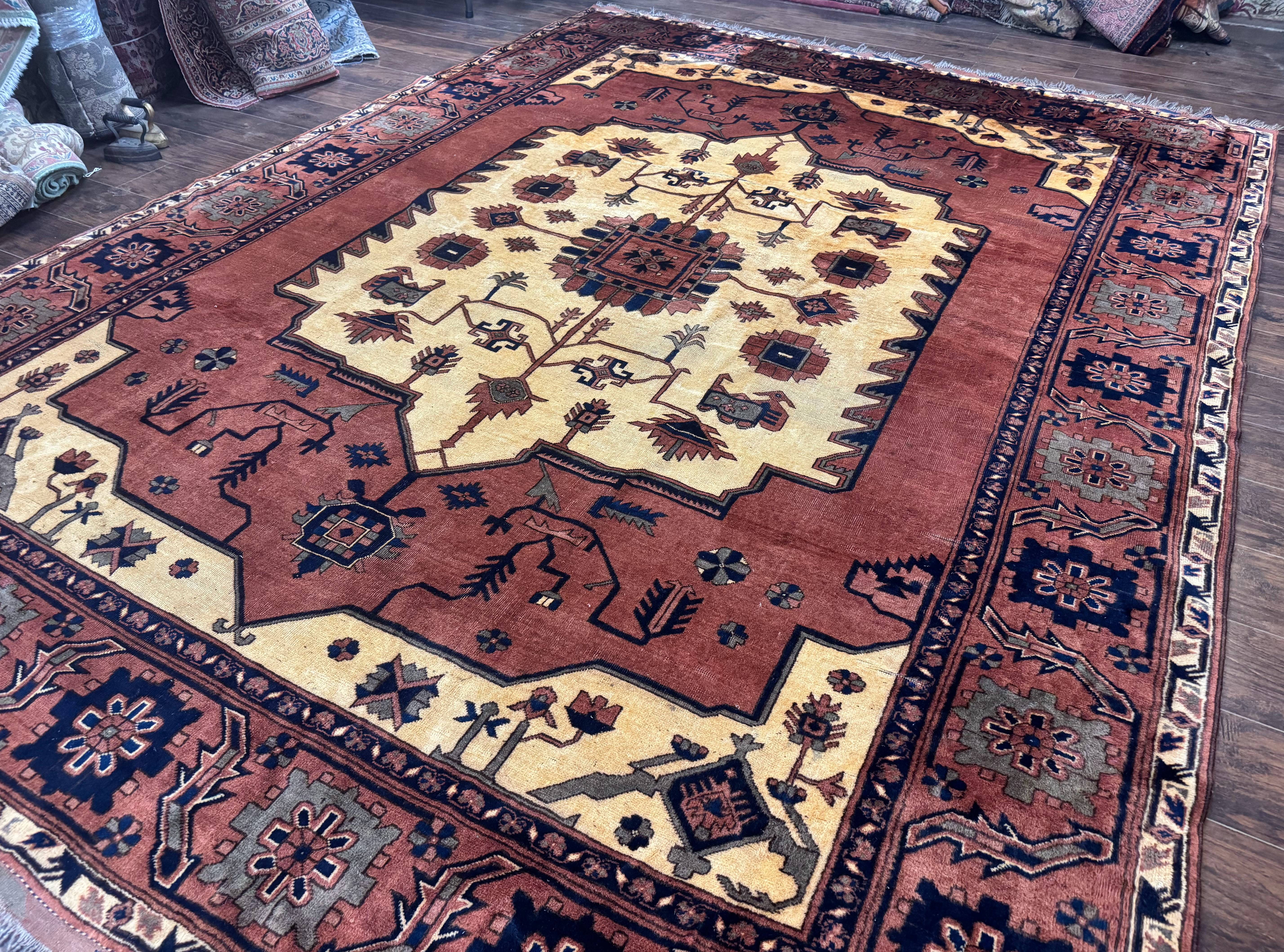 Afghan Heriz Rug 9x12, Tribal Geometric Serapi Carpet, Rust Cream and Navy, Wool on Wool - Jewel Rugs