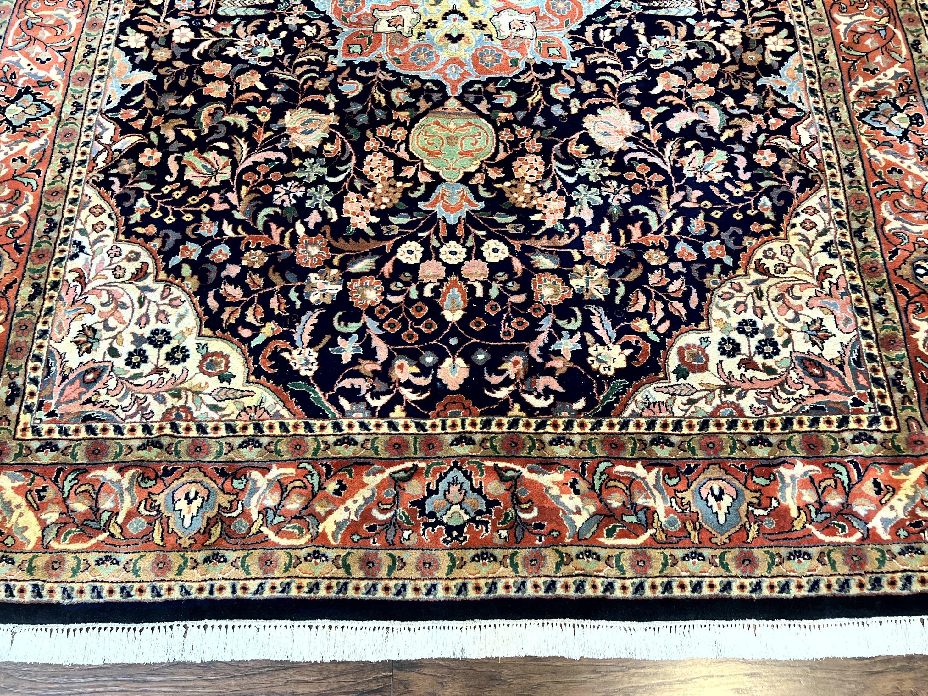 Indo Persian Rug 8x10, Midnight Blue & Red, Handmade Vintage Wool Carpet, Floral Medallion - Jewel Rugs