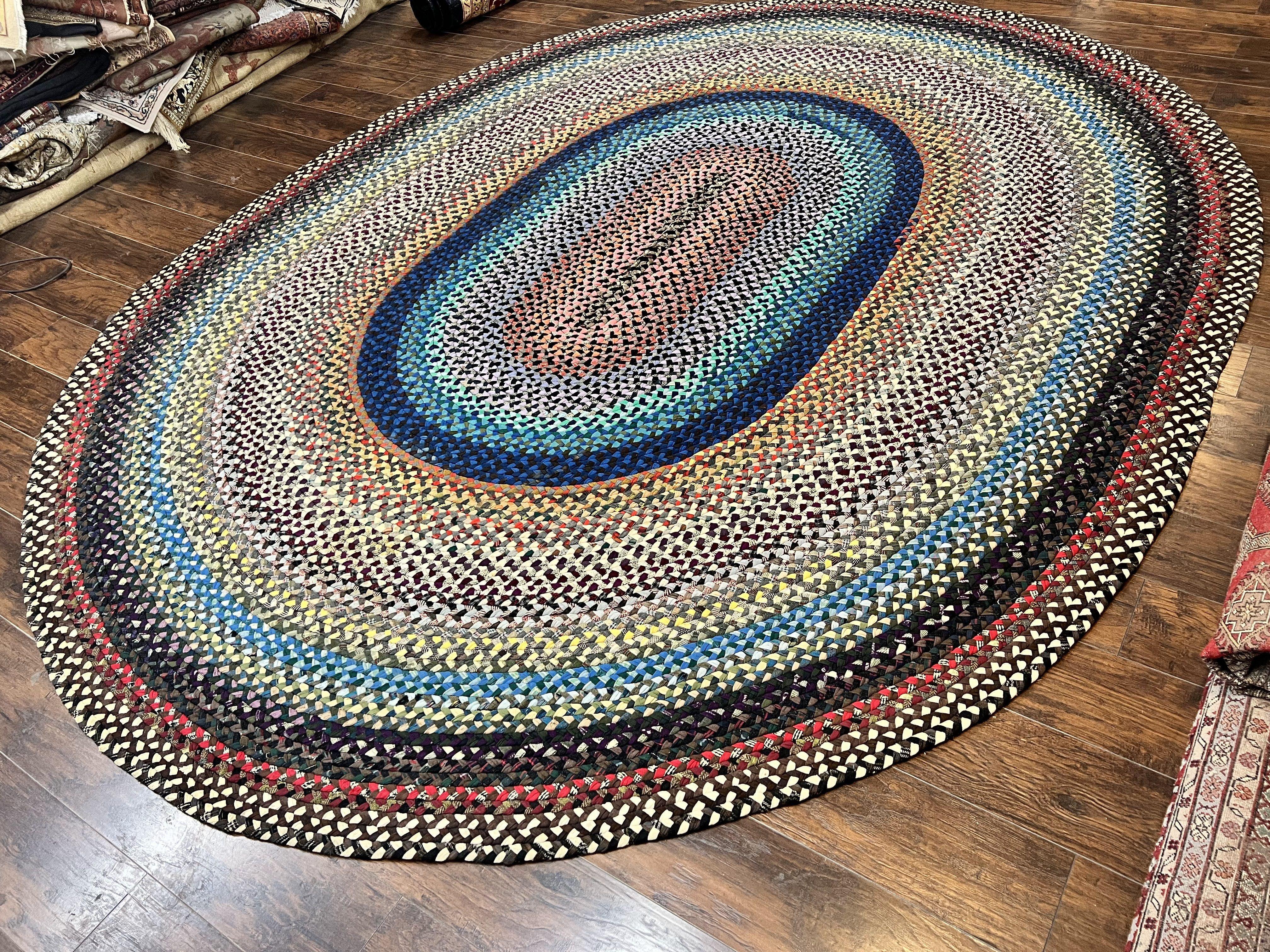 Large American Braided Rug 10x13, Colorful Wool Hand Braided Vintage Mid Century Braided Carpet, Large Multicolor Oval Braided Rug 10 x 13 - Jewel Rugs