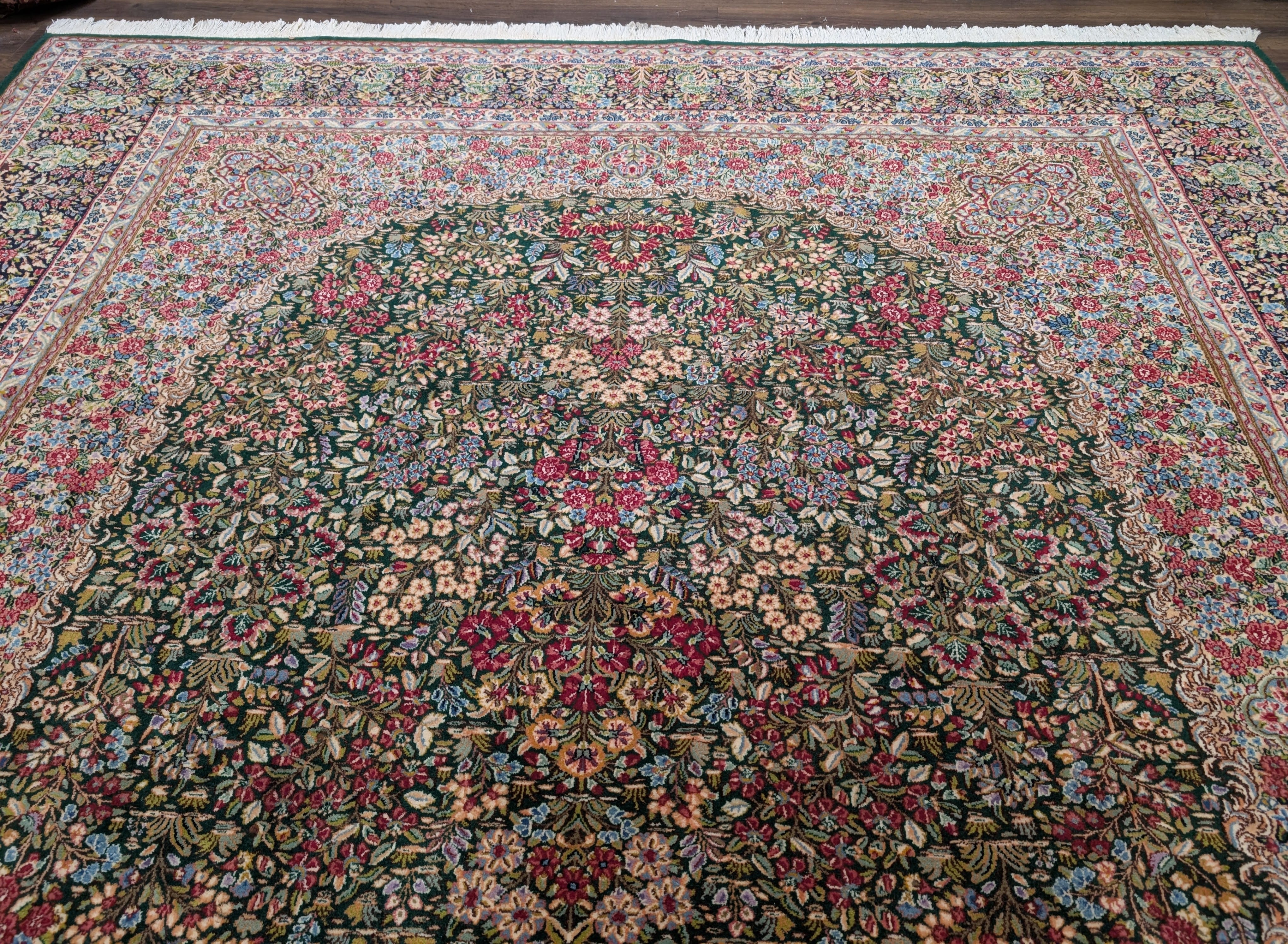 Persian Kirman Rug 10x12, Millefleur, Hand-Knotted Wool Carpet, Dark Green Multicolor - Jewel Rugs