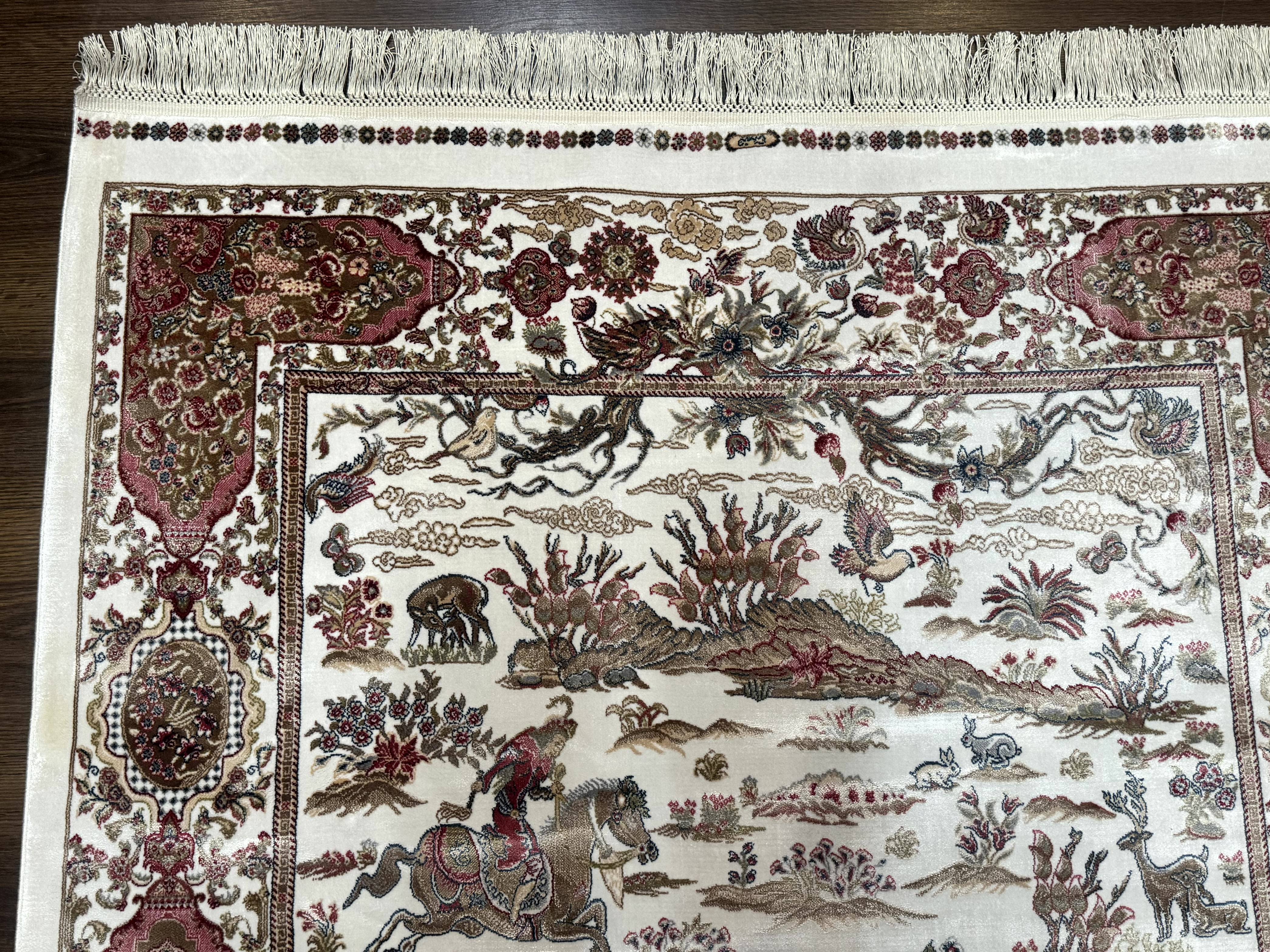 Turkish Silk Hunting Scene Rug 4x6, Ivory, Bamboo Silk, New - Jewel Rugs