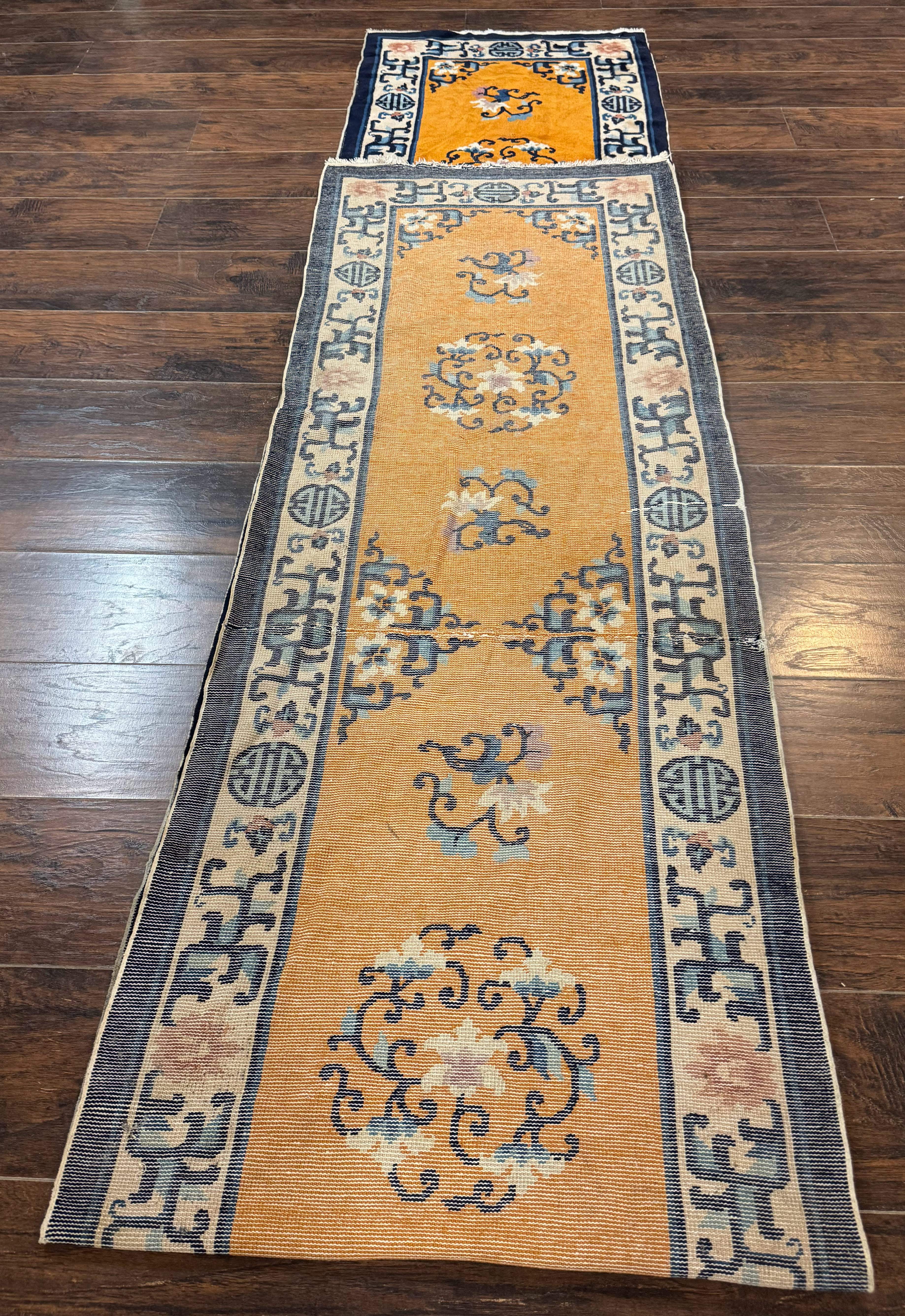 Chinese Peking Runner Rug 2x15 – Orange Ivory & Blue, Hand-Knotted Wool Antique Runner - Jewel Rugs
