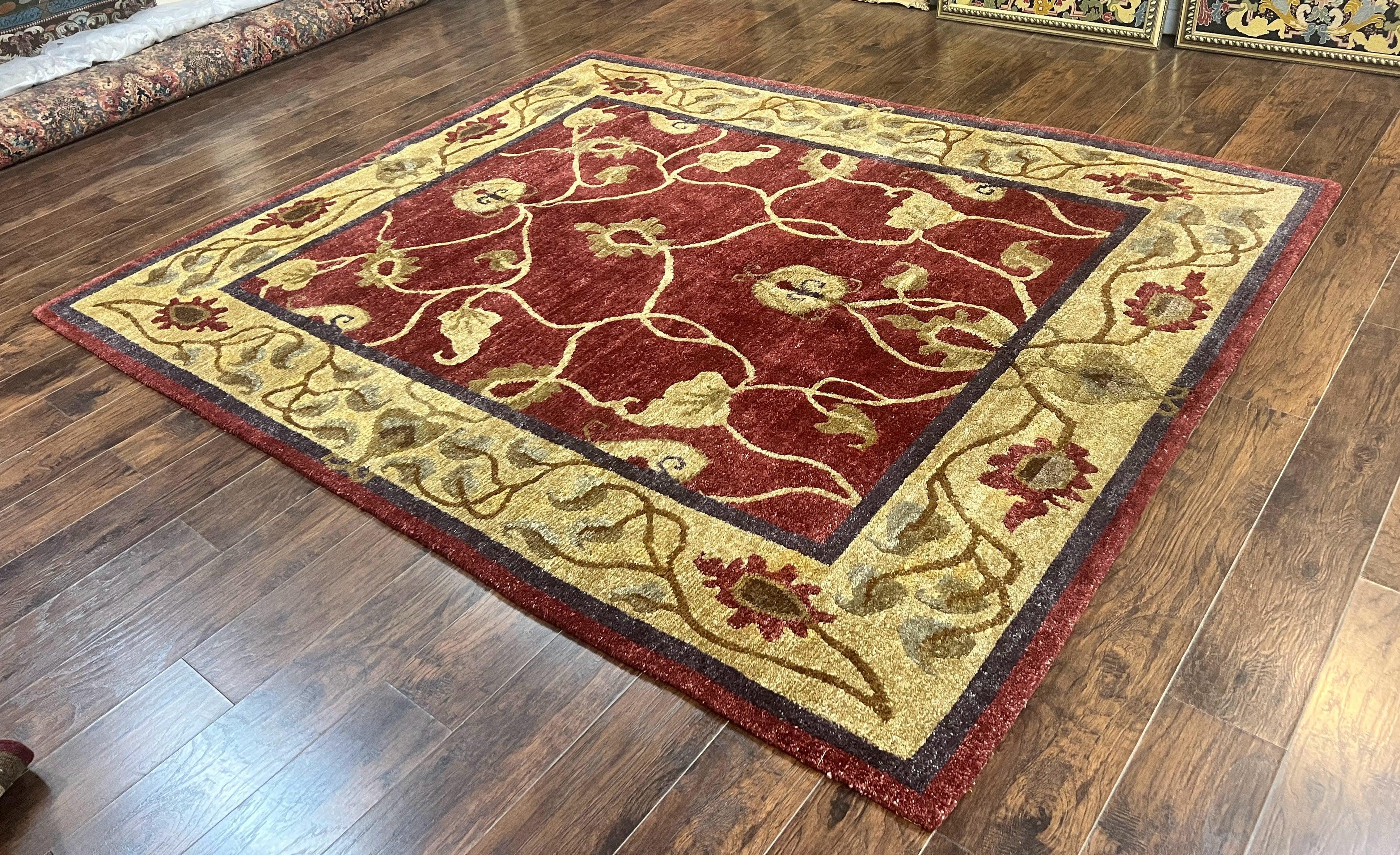 Tibetan Aubusson Rug 8x10, Maroon and Beige, Floral, Handmade, Wool, Vintage, Traditional Rug - Jewel Rugs