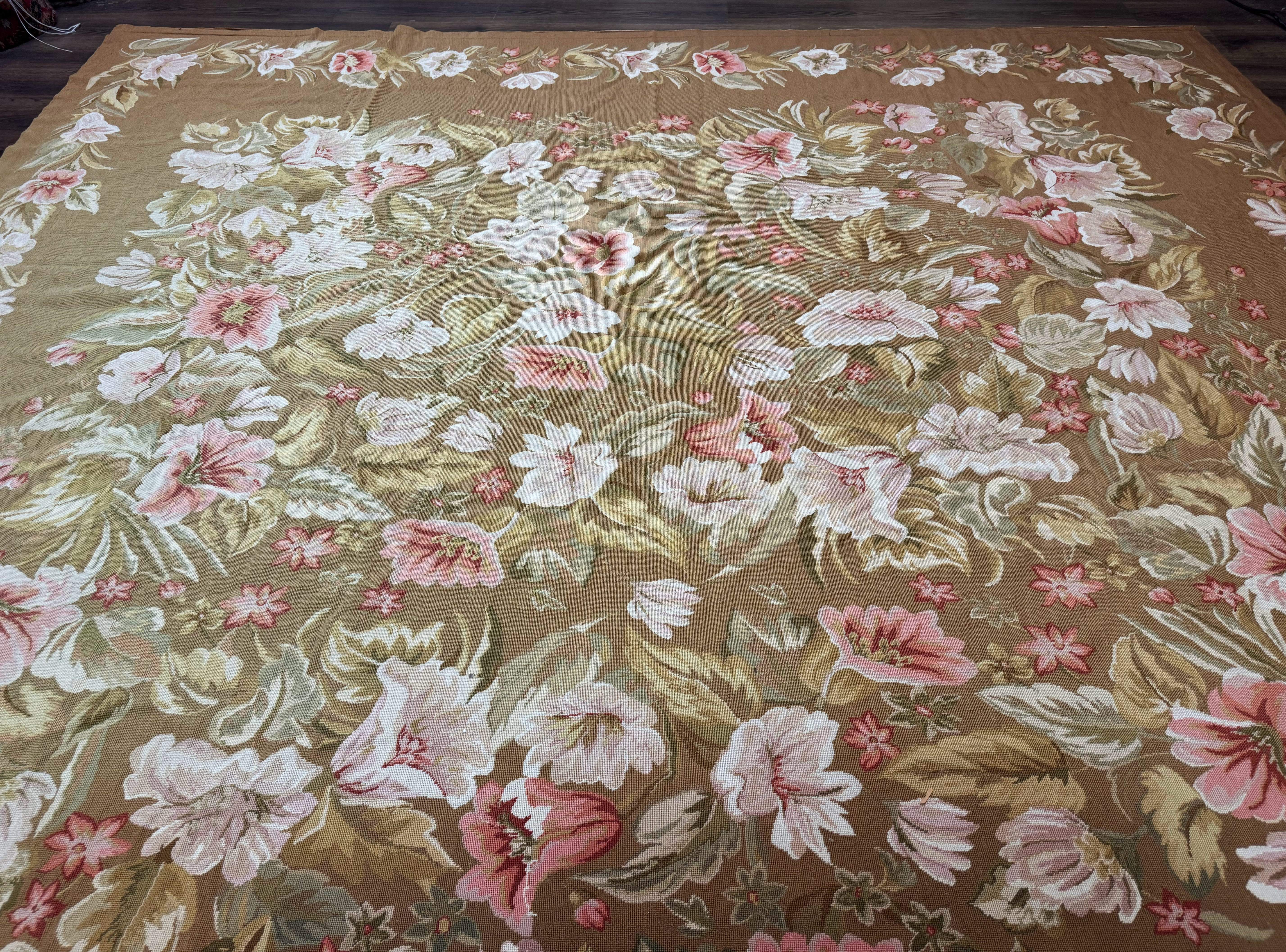 Large Needlepoint Rug 11x14, Vintage Floral Wool Carpet, Caramel - Jewel Rugs