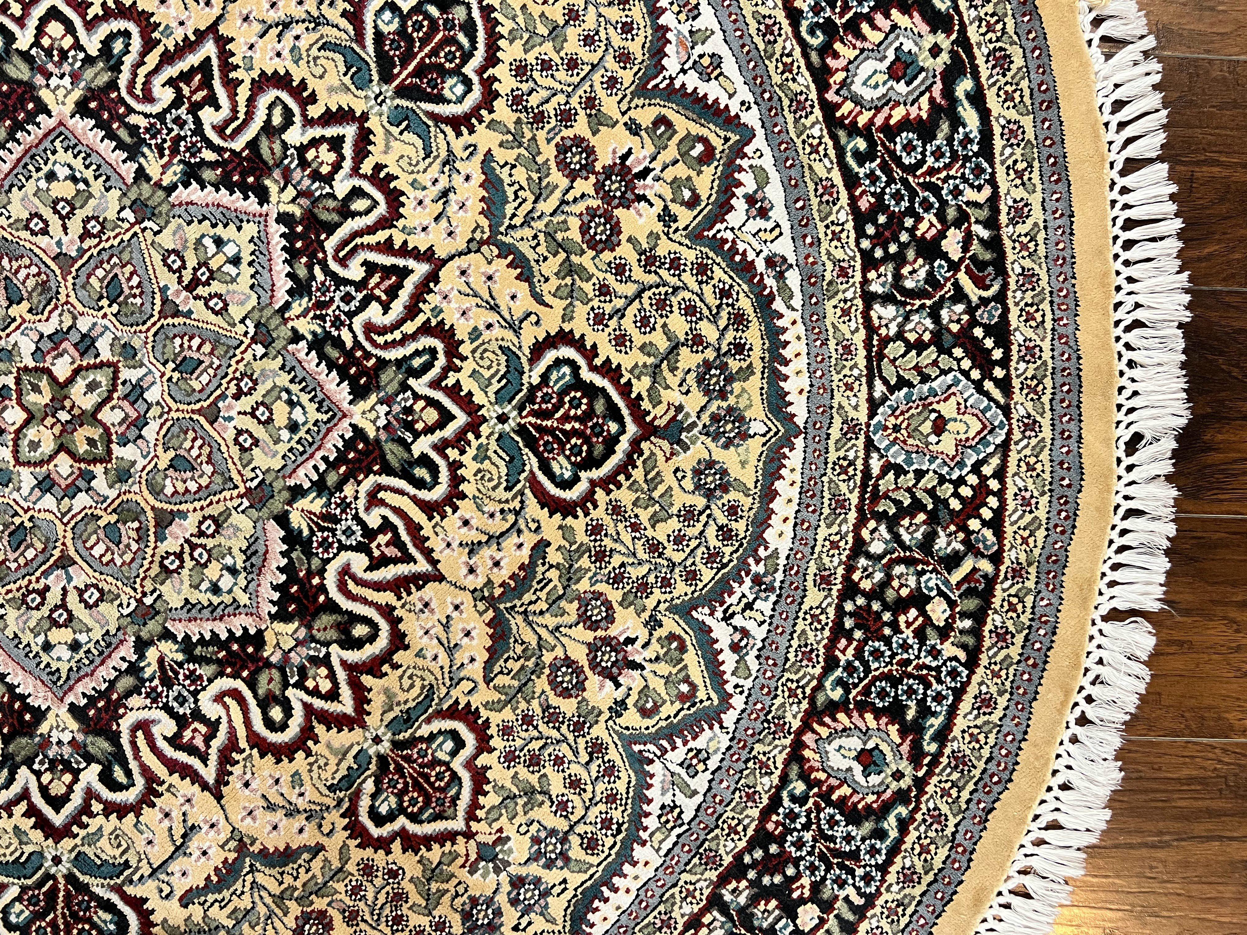 Round Silk Indian Kashmiri Rug 6x6, Hand Knotted Handmade Vintage Oriental Carpet, 6ft Round Rug with Medallion, Cream - Jewel Rugs