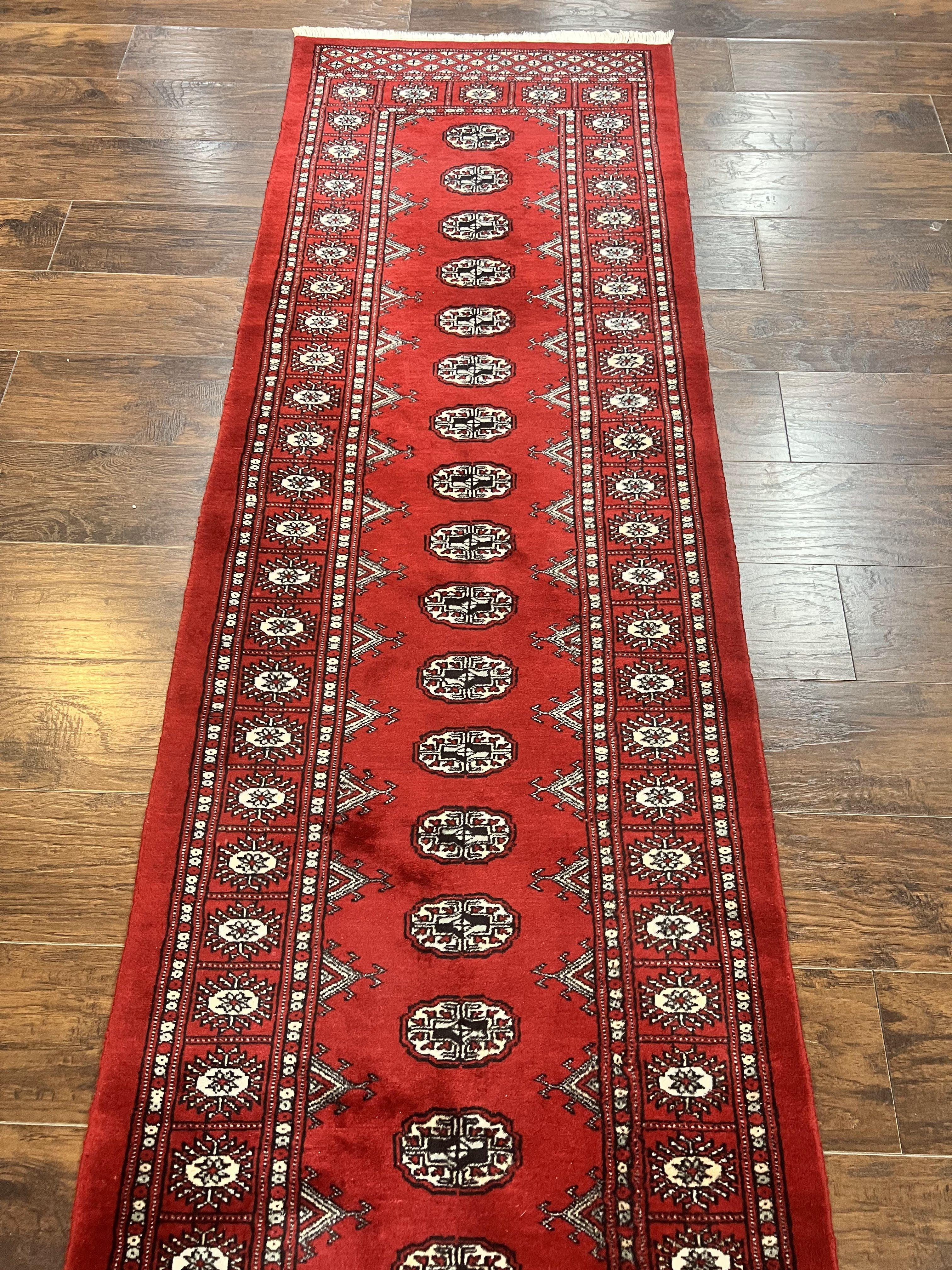 Pakistani Runner Rug 2.8 x 12, Bokhara Turkoman Runner, Wool Hand Knotted Vintage Hallway Rug, Red Ivory & Black - Jewel Rugs