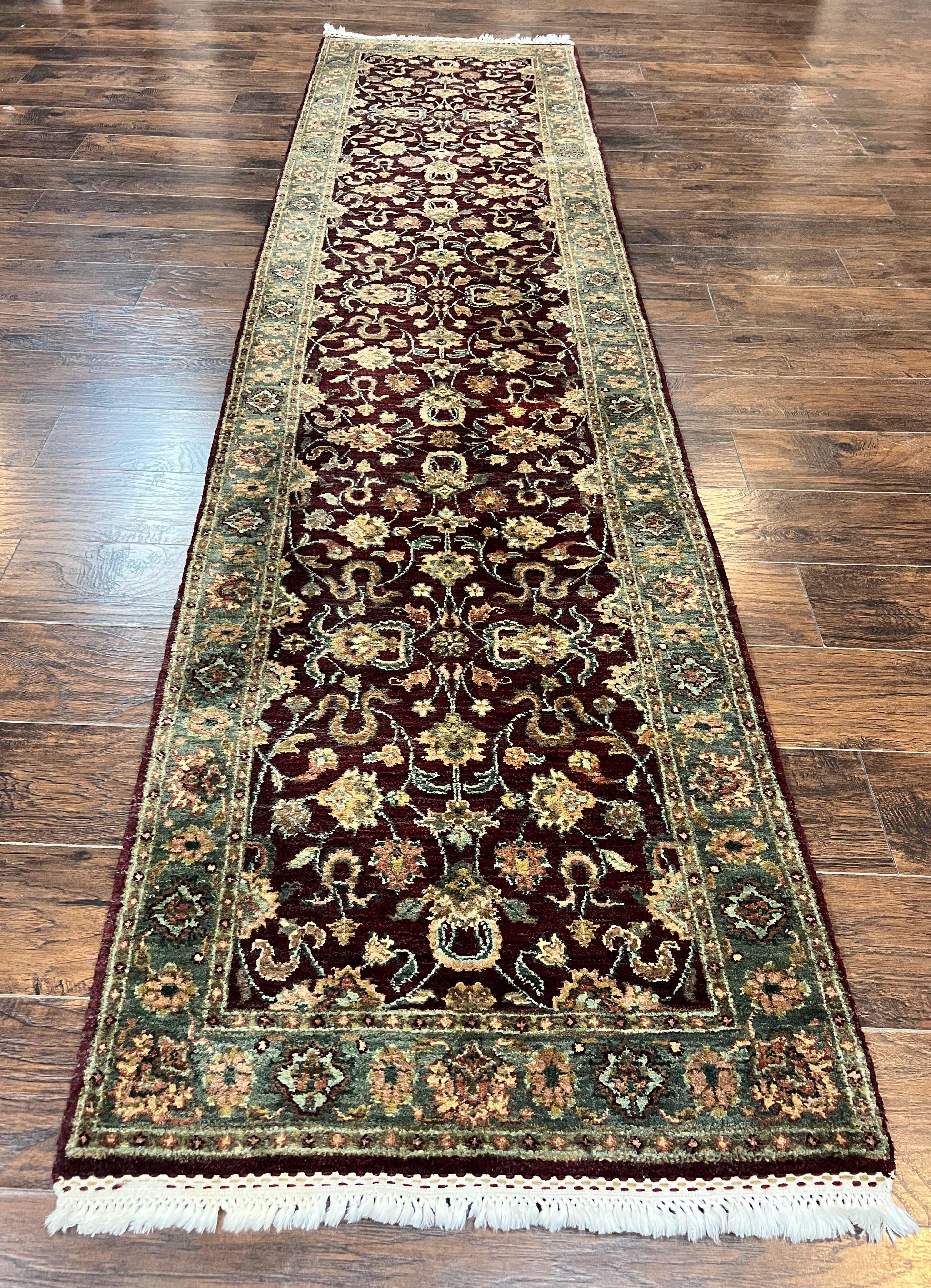 Indian Runner Rug 3x12, Indo Persian Runner for Hallway 3 x 12 ft, Dark Purple and Green, Floral Allover, Wool Handmade Vintage Traditional - Jewel Rugs