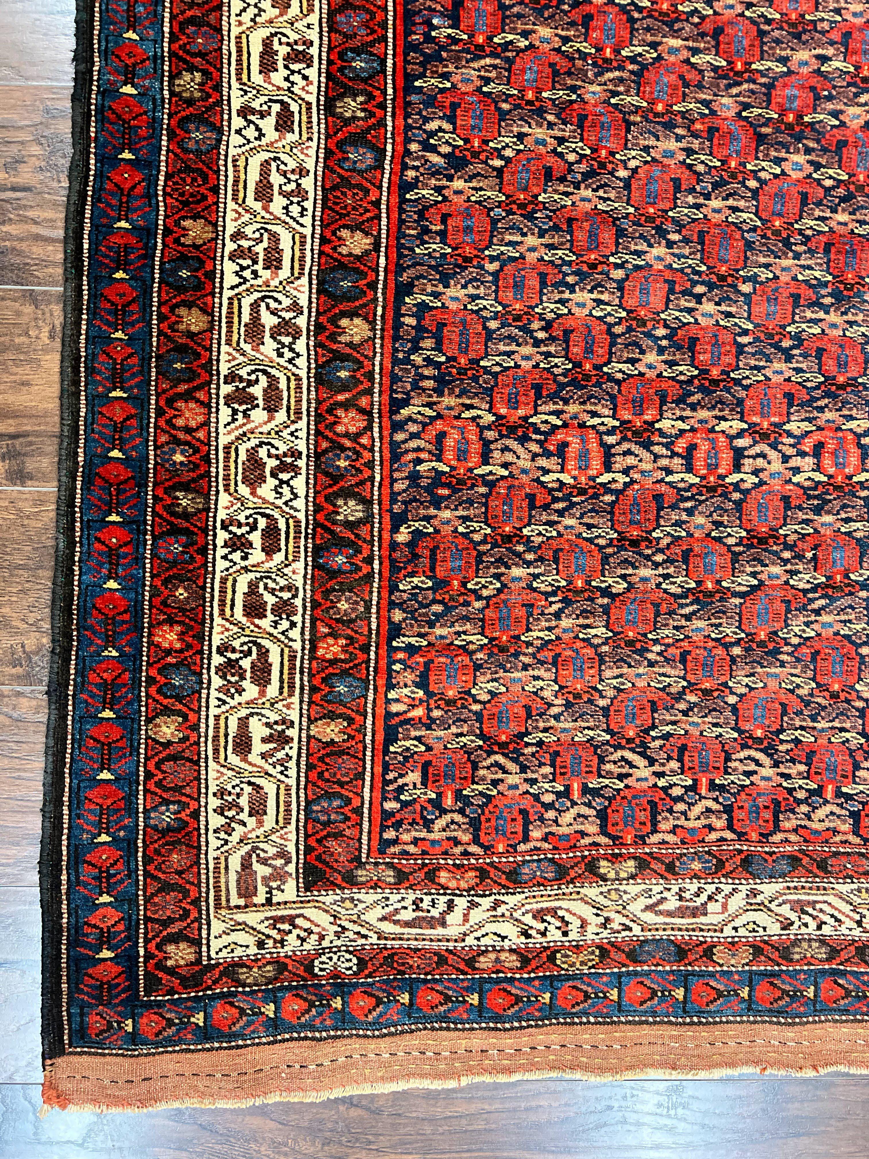 Persian Kurdish Rug 5x6, Wool Hand Knotted Vintage Carpet, Red Blue Cream, Boteh Paisley Pattern, 5 x 6 Medium Sized Oriental Rug - Jewel Rugs