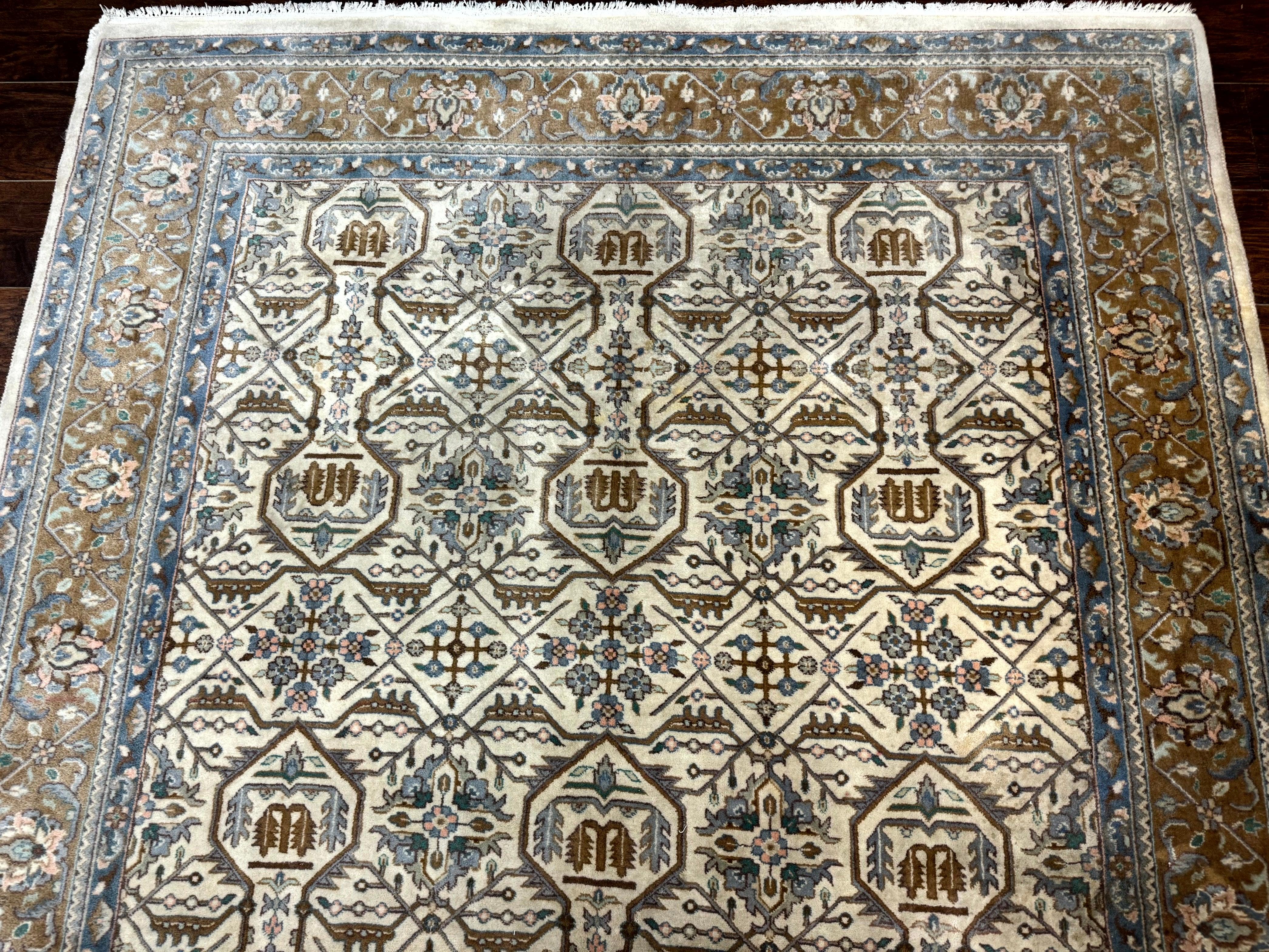 Indo Persian Rug 6x9, Beige, Allover Pattern, Vintage Wool Oriental Carpet - Jewel Rugs