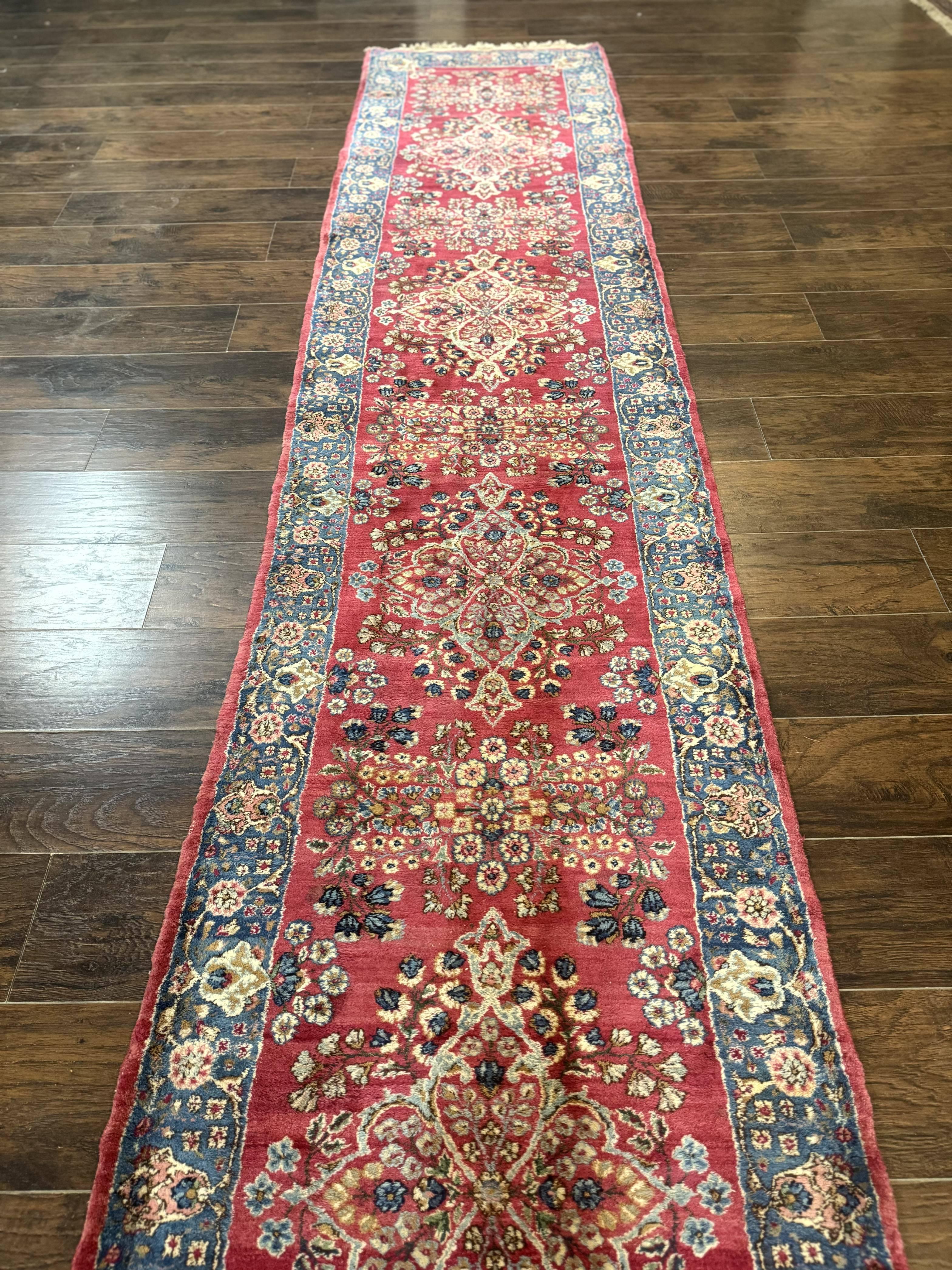 Persian Kerman Runner Rug 2.8 x 14, Red Handmade Wool Oriental Runner Carpet, Floral, 250 KPSI - Jewel Rugs