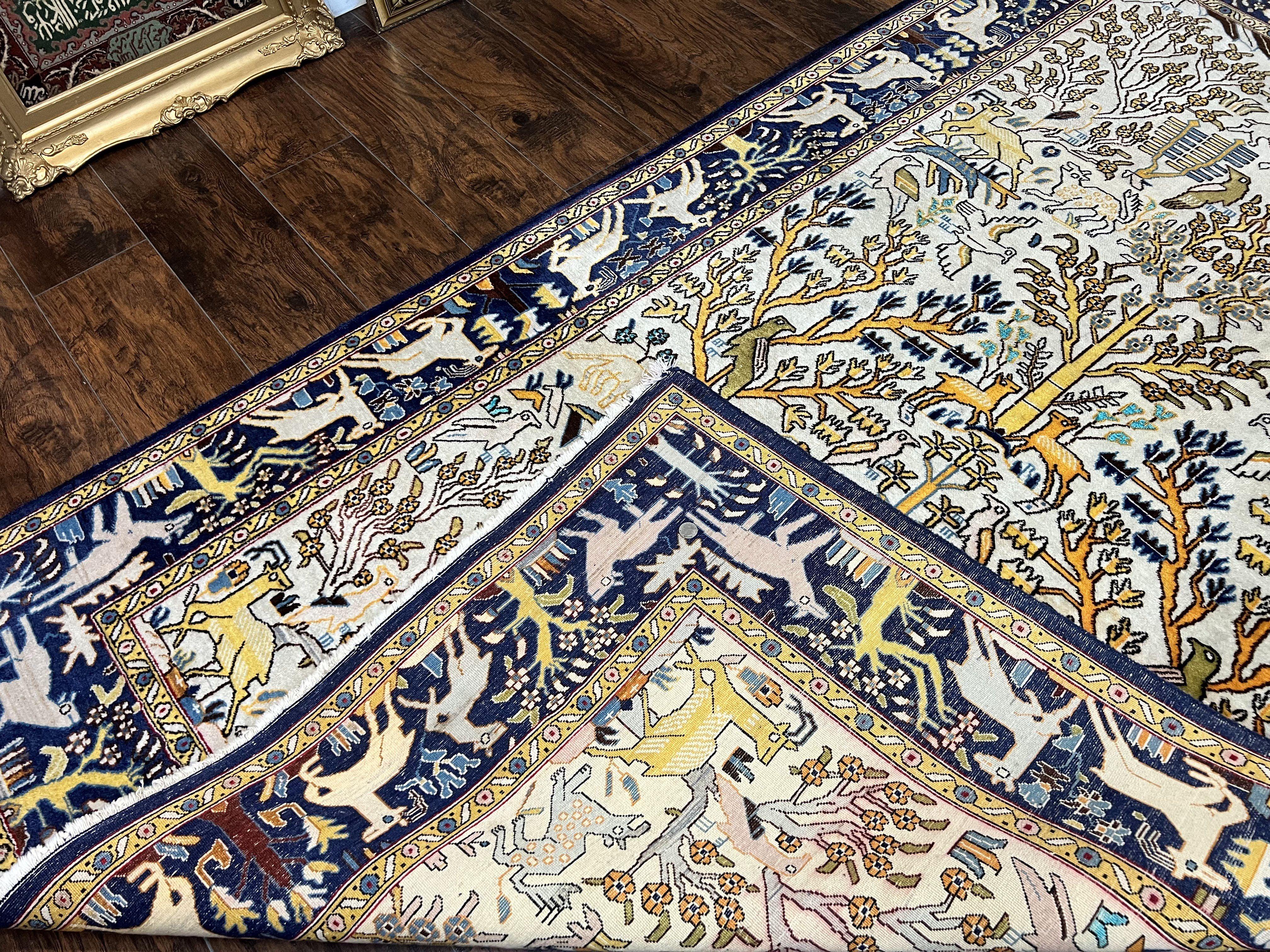 Persian Tree of Life Rug 5x9, Qum Rug, Animal Motifs Deer Birds, Cream and Navy Blue, Semi Antique Vintage Handmade Carpet, Wool & Silk Highlights - Jewel Rugs