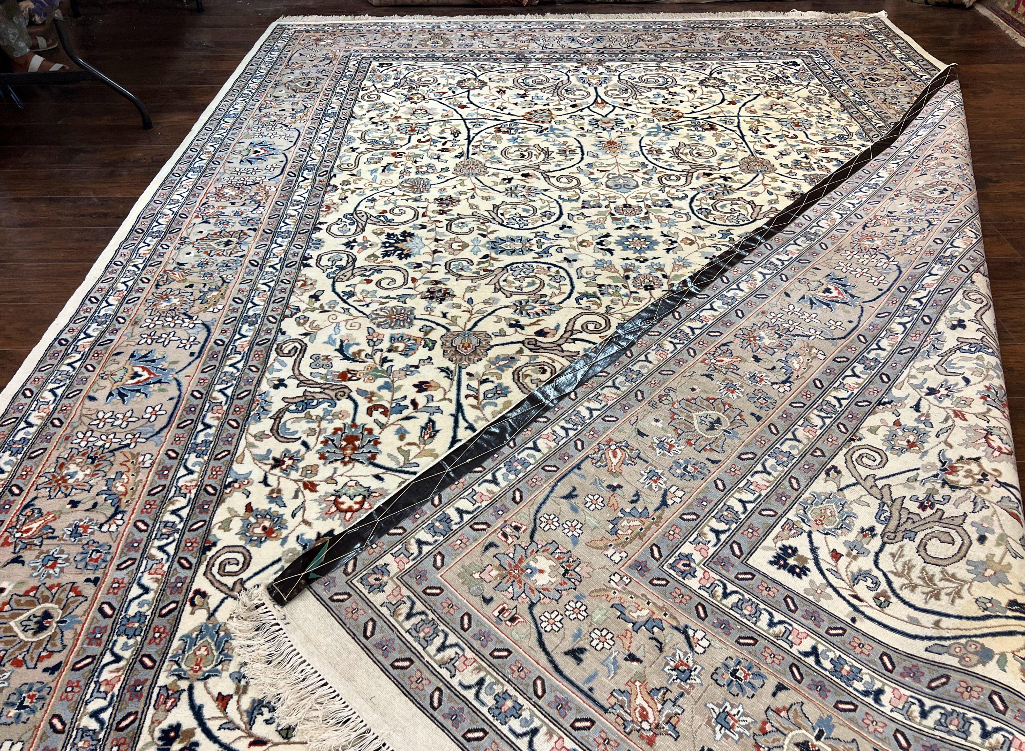 Indo Persian Rug 10x14, Floral Allover Pattern, Handmade Vintage Wool Carpet, Ivory/Cream - Jewel Rugs