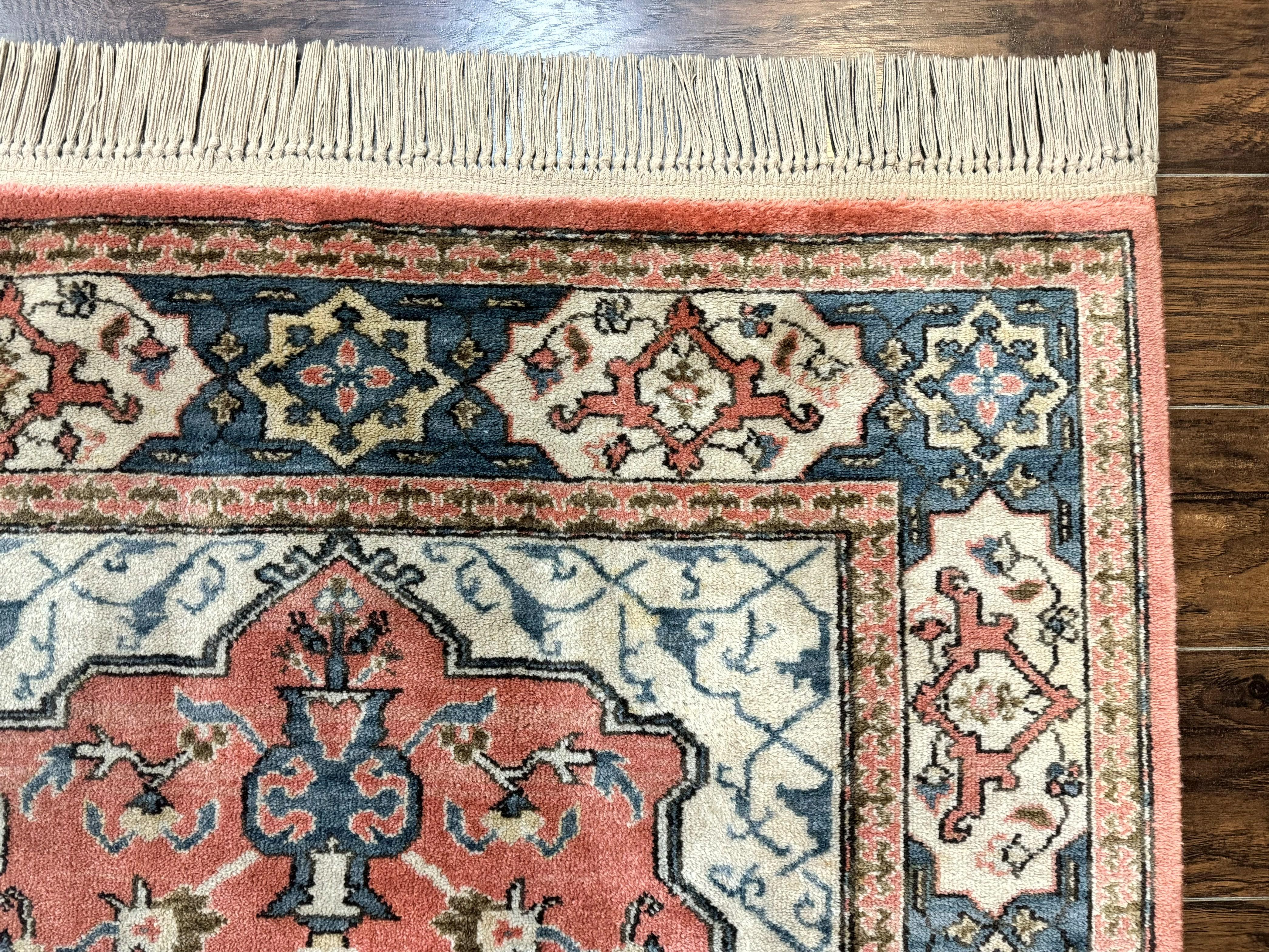 Karastan Rug 4x6 Bergama Design #737, Karastan Area Rug, Vintage Wool Karastan Carpet, Original Collection 700 Series, Salmon Red Light Blue - Jewel Rugs