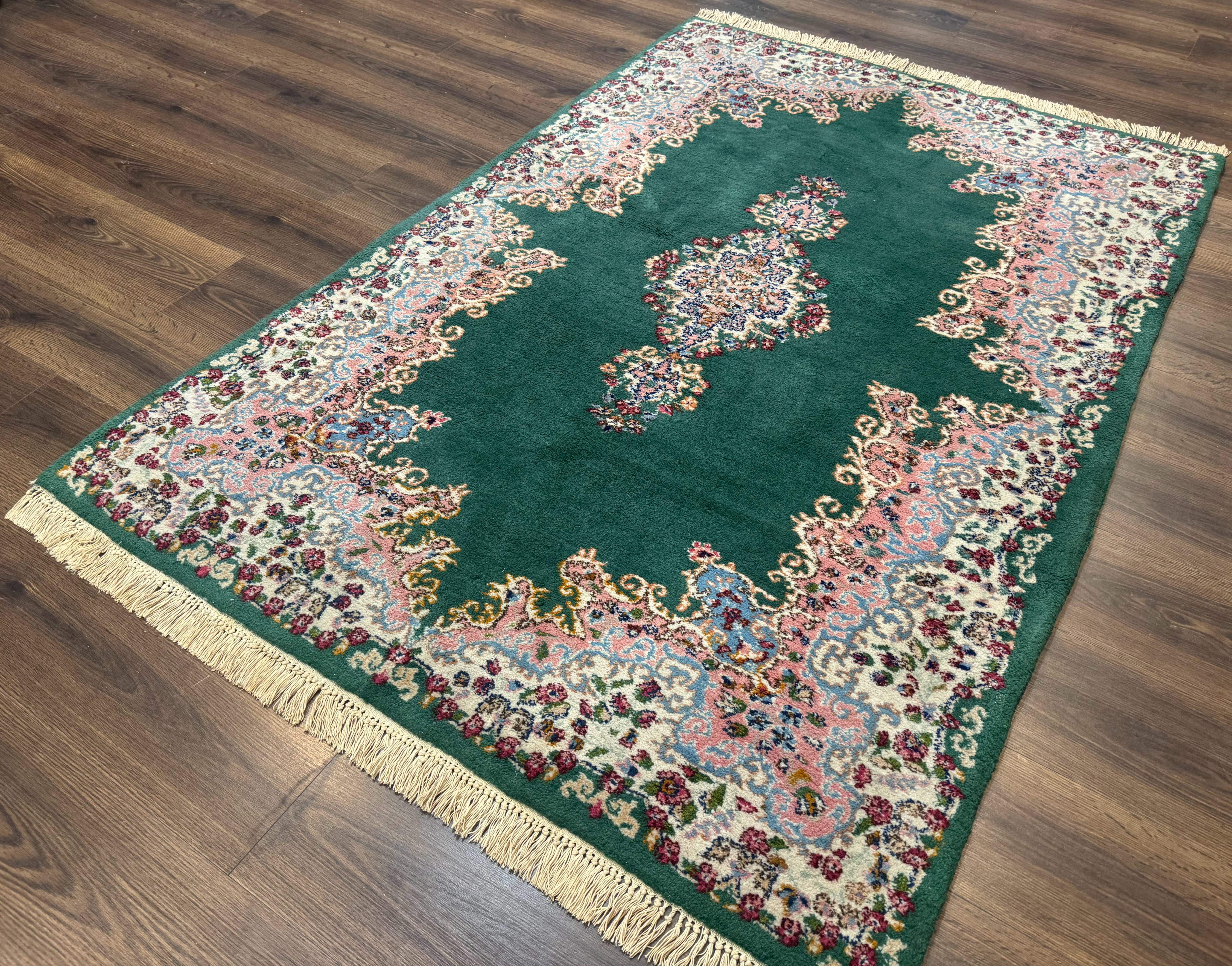 Persian Kerman Rug 4x6, Green Ivory Pink, Wool Vintage, Semi Open Field - Jewel Rugs