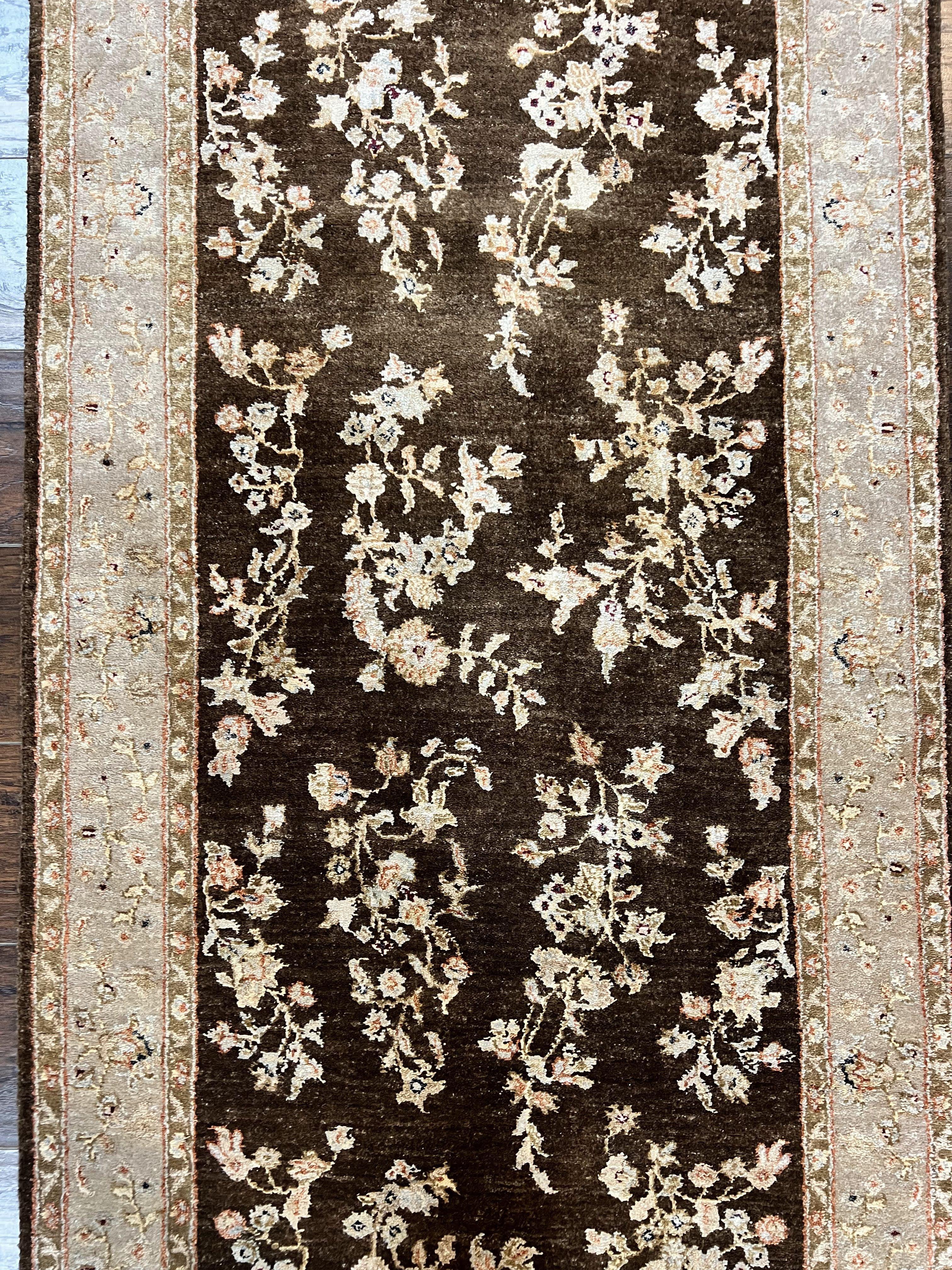Peshawar Runner Rug 3 x 20, Wool Hand Knotted Vintage Pakistani Carpet, Brown & Taupe, Chobi Mahal Floral Rug, Extra Long Hallway Runner - Jewel Rugs