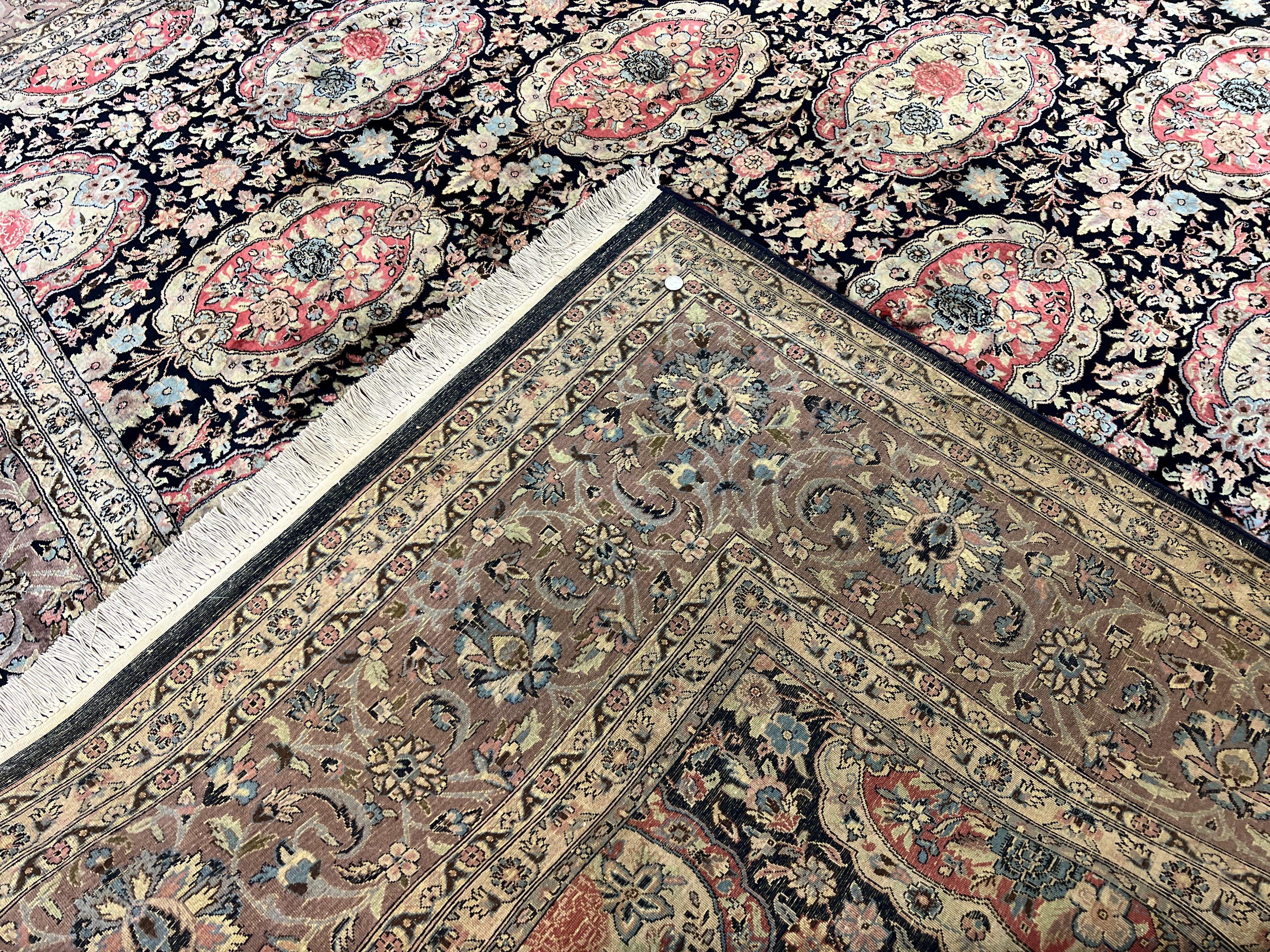 Sino Persian Rug 9x12, Navy Blue and Pink Hand Knotted Wool and Silk Highlights Vintage Oriental Carpet, Handmade Floral Area Rug 9 x 12 ft - Jewel Rugs