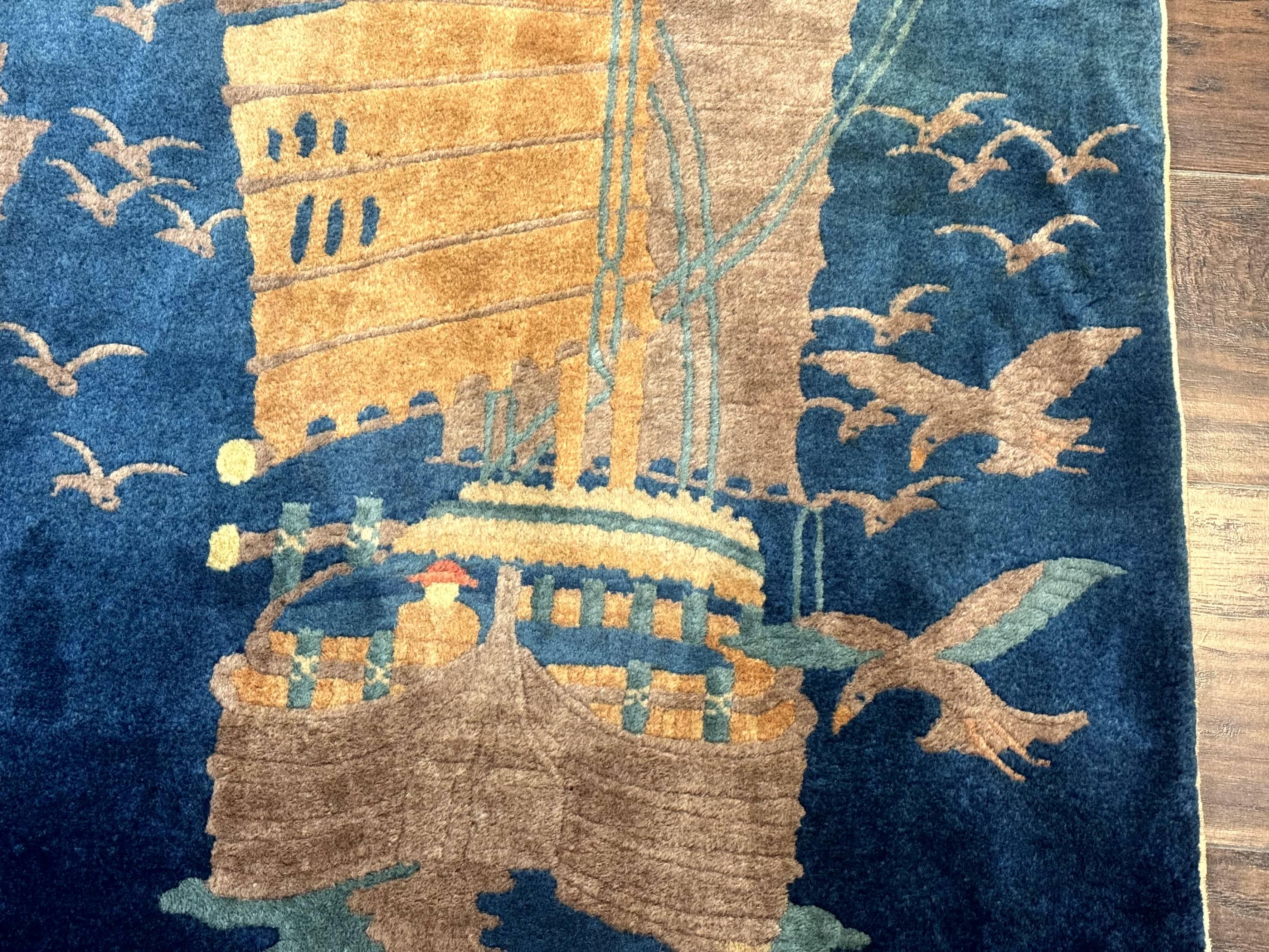 Chinese Art Deco Rug 3x5, Blue, Sailboat and Birds, Seagulls, Ocean, Vintage, Handmade, Chinese Wool Rug, Peking Rug - Jewel Rugs