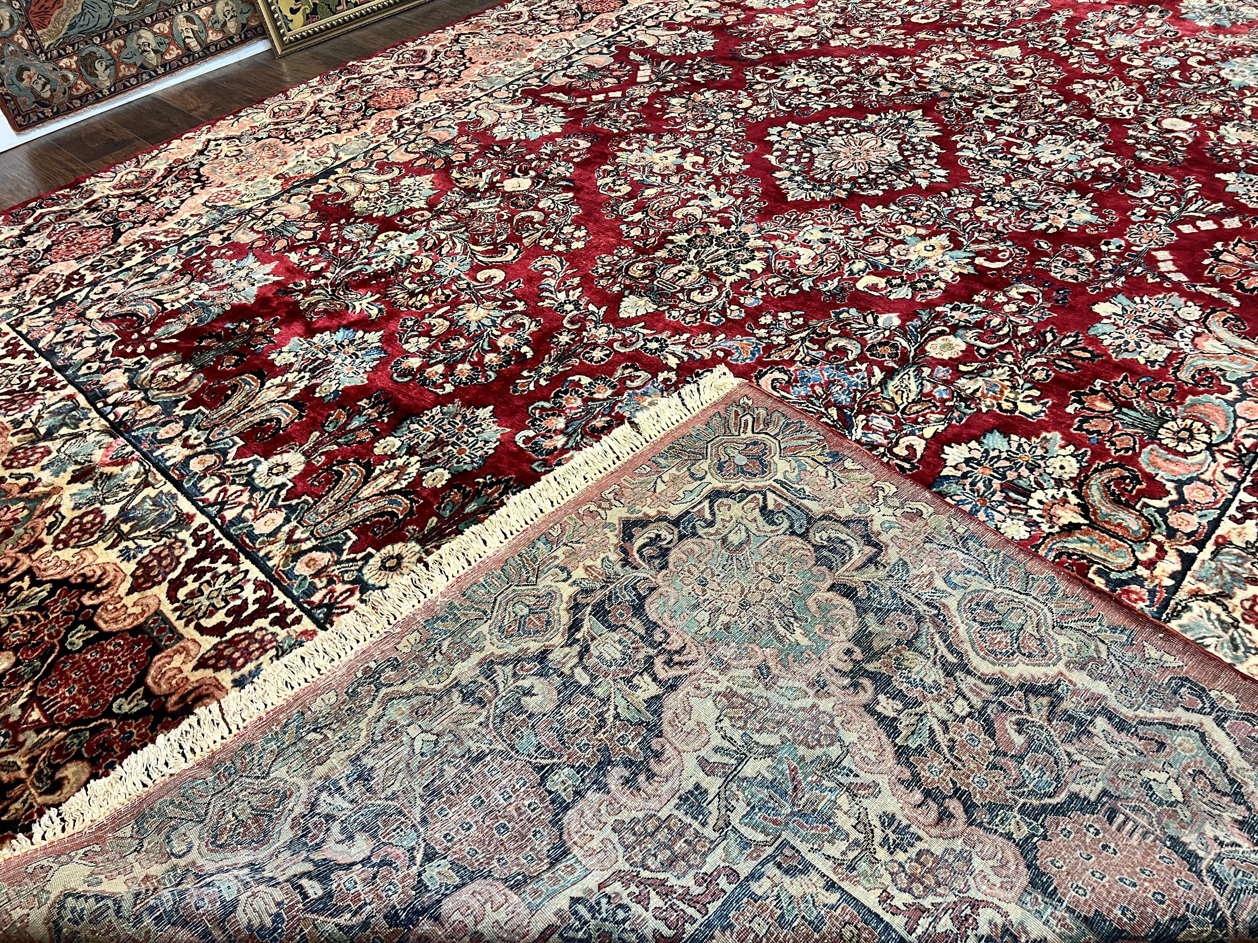 Persian Sarouk Rug 12x17, Wool Hand Knotted Antique Carpet, Dark Red, Traditional Floral Oriental Rug, 12 x 17 Extra Large Handmade Rug - Jewel Rugs