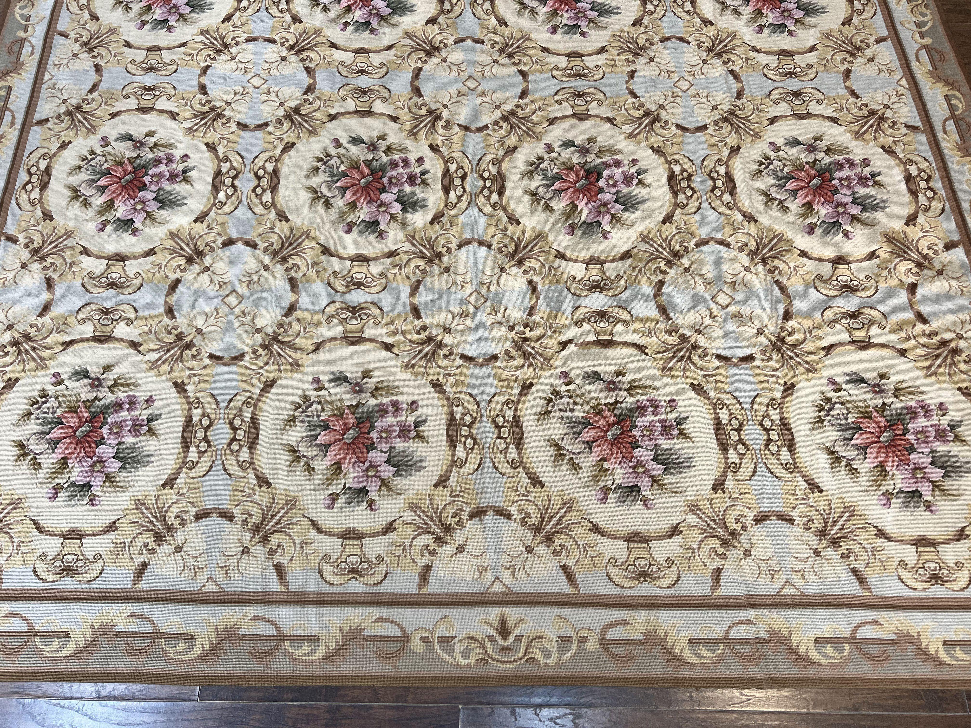 Chinese Needlepoint Rug 8x11, Handmade Wool Needlepoint Carpet, Vintage, Sky Blue - Jewel Rugs