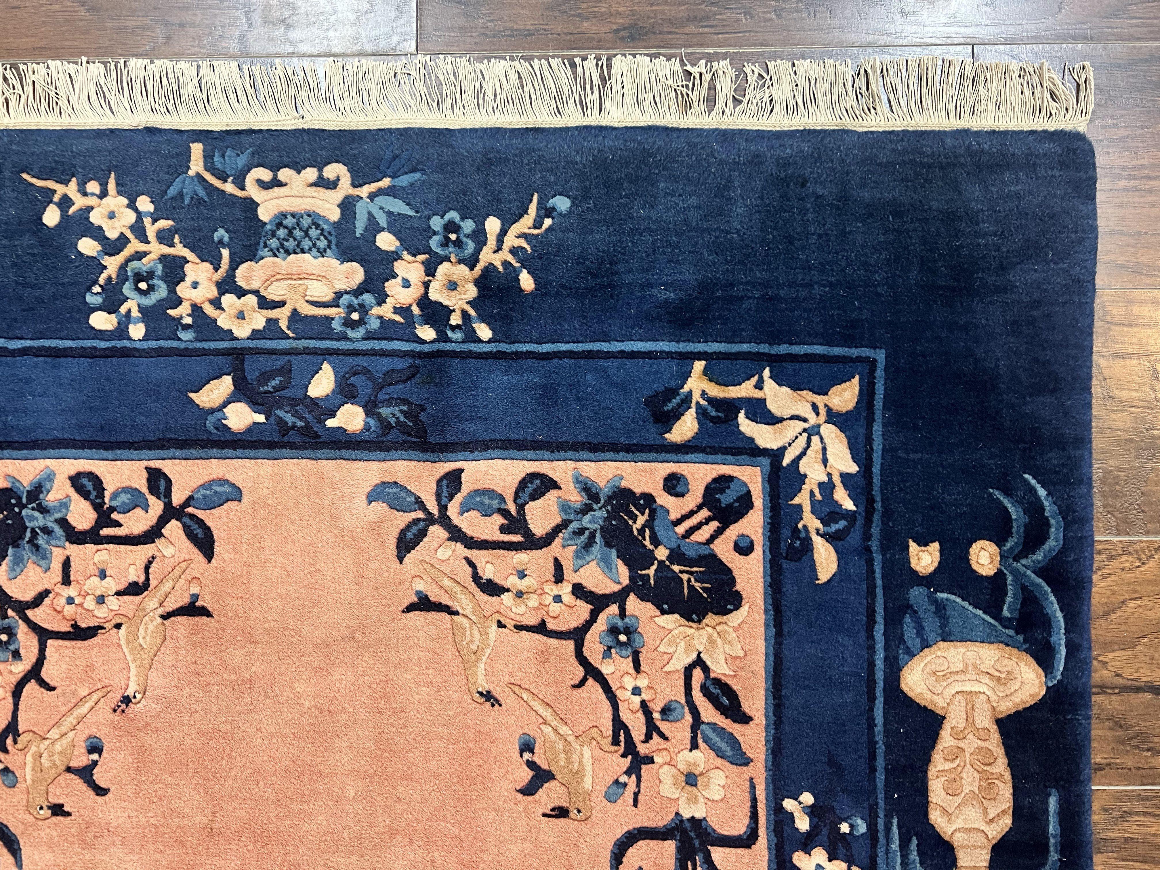 Antique Chinese Peking Rug 4x6, Vases & Bird Motifs, Navy Blue, Handmade Wool Asian Oriental Art Deco Carpet - Jewel Rugs