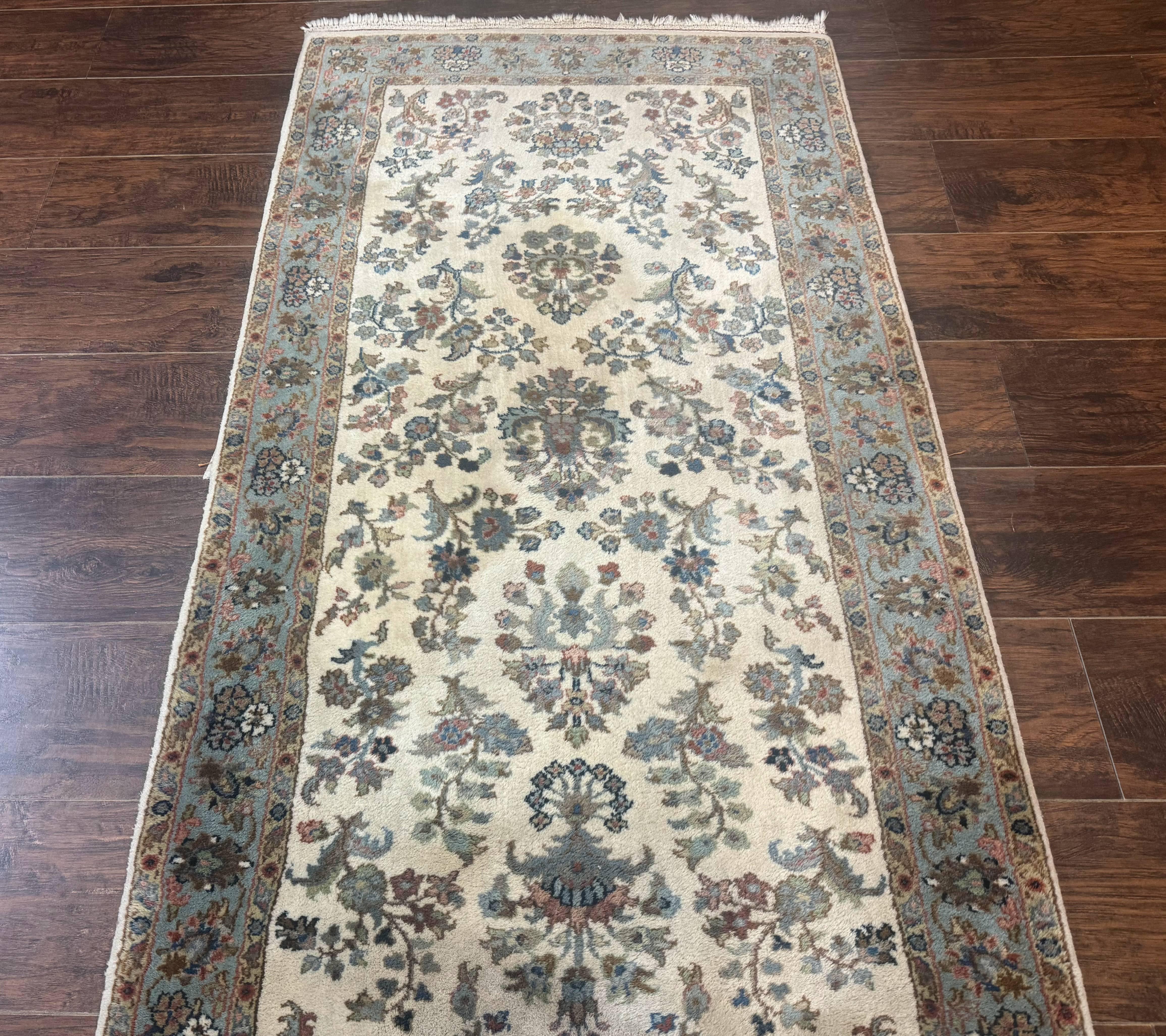 Indo Persian Sarouk Runner Rug 3x12, Cream and Light Blue, Oriental Runner for Hallway or Kitchen 3 x 12 - Jewel Rugs