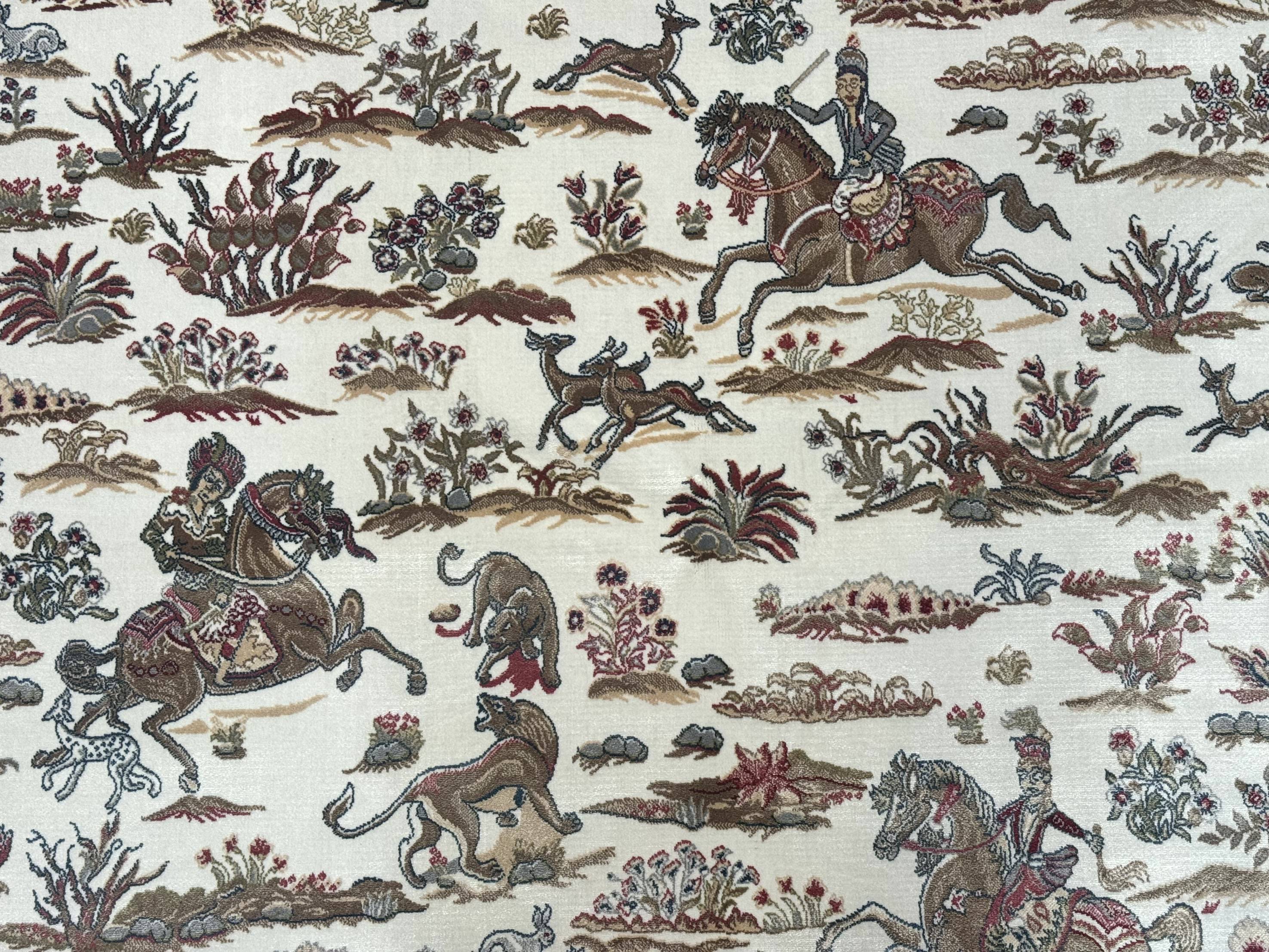 Turkish Silk Rug 5x8, Ivory, Hunting Design, Animal Pictorials, Bamboo Silk - Jewel Rugs