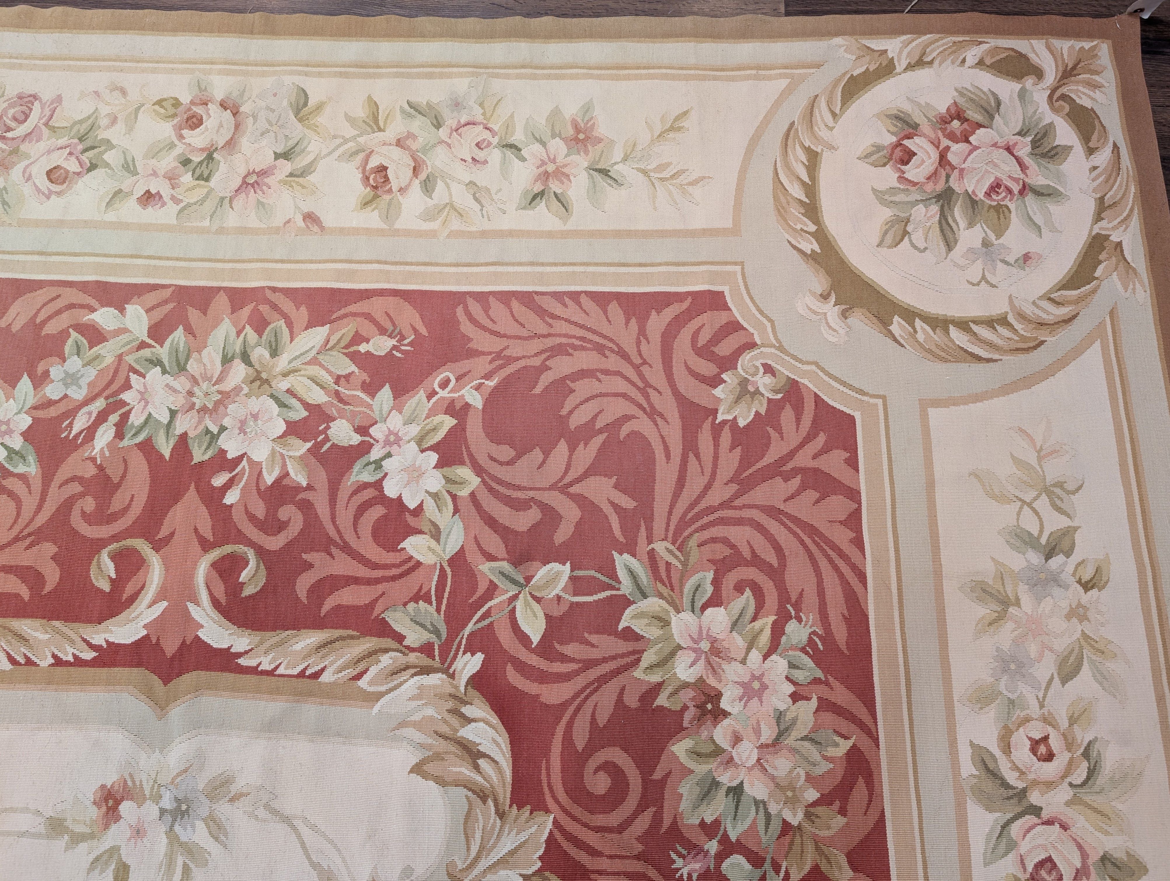 Aubusson Rug 9x12, Red and Ivory, Handwoven French European Floral Carpet - Jewel Rugs