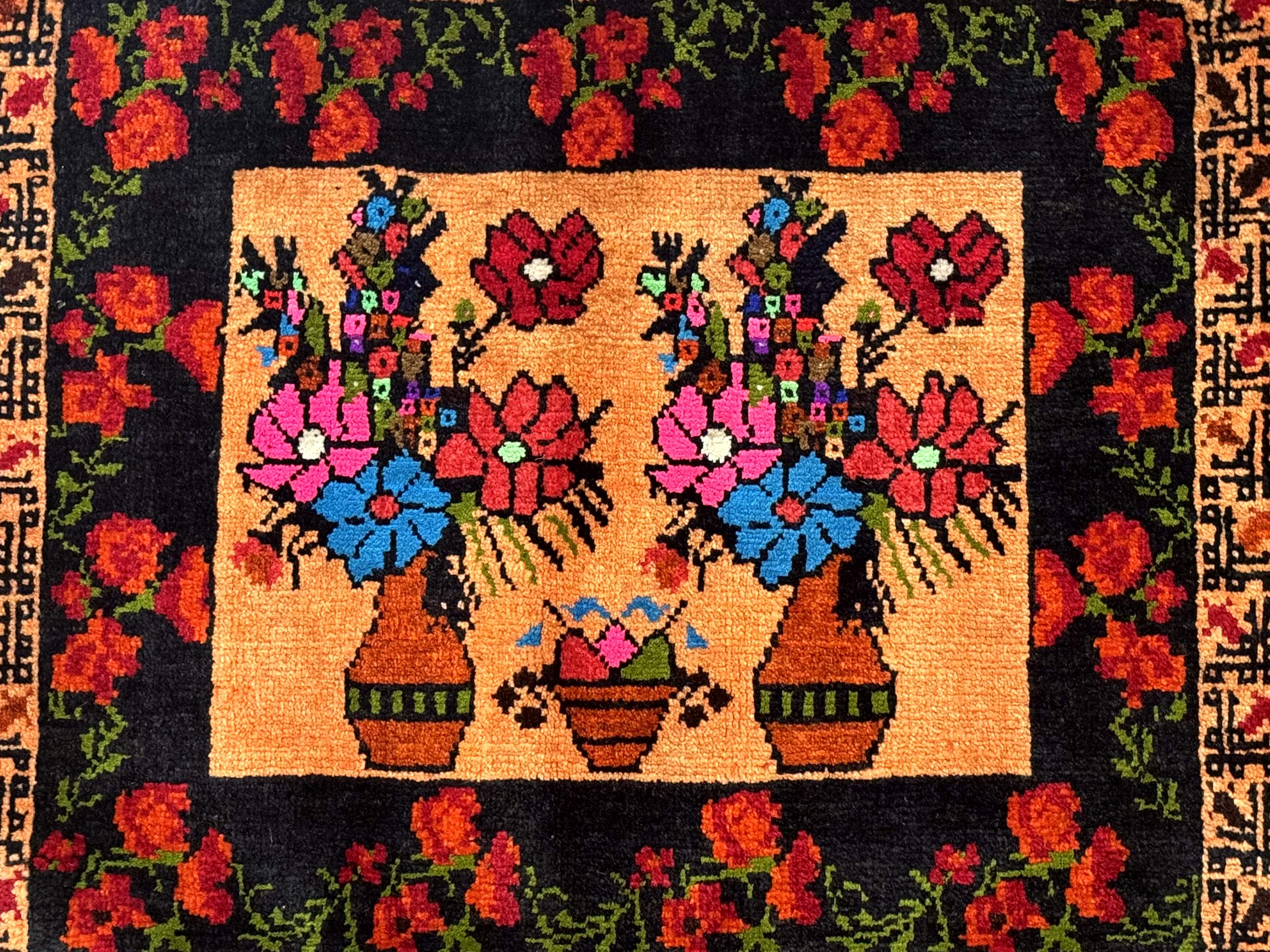 Small Persian Balouchi Rug 2x2, Floral Vases, Tribal Rug - Jewel Rugs