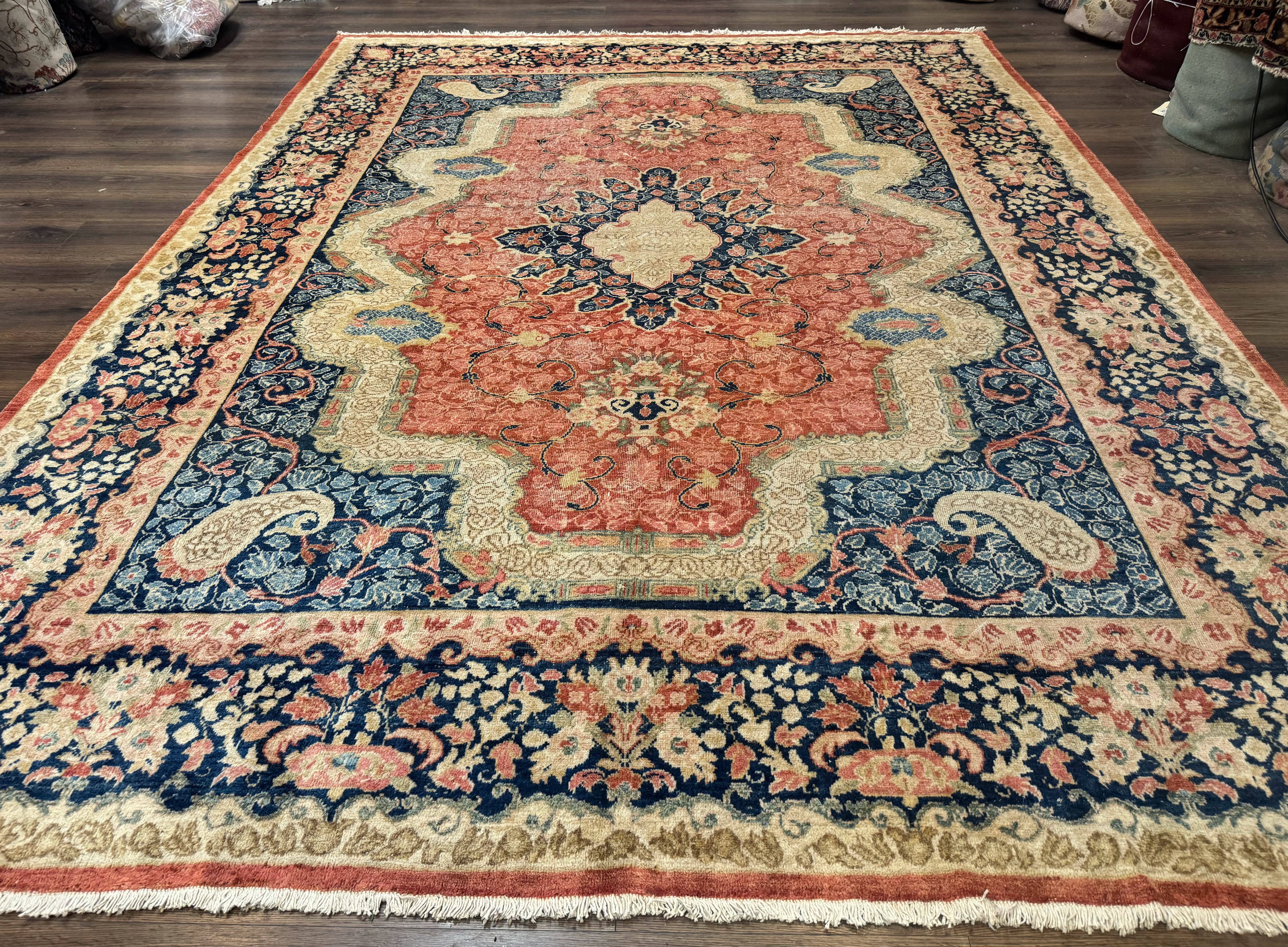 Antique Persian Sarouk Rug 9x12, Boteh Paisleys, Light Red Navy Blue - Jewel Rugs