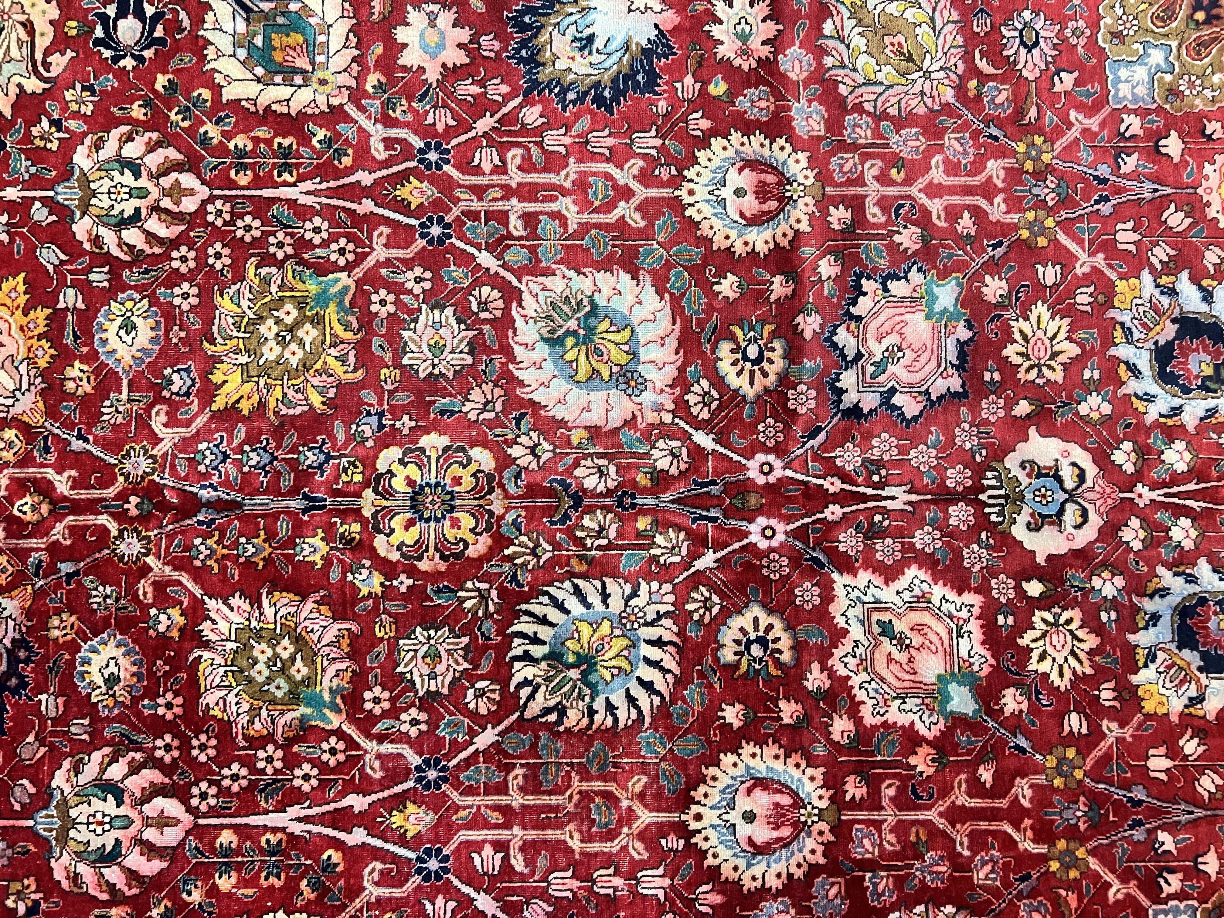 Persian Tabriz Rug 10x12, Floral Allover, Handmade Vintage Wool Carpet, Red and Cream - Jewel Rugs