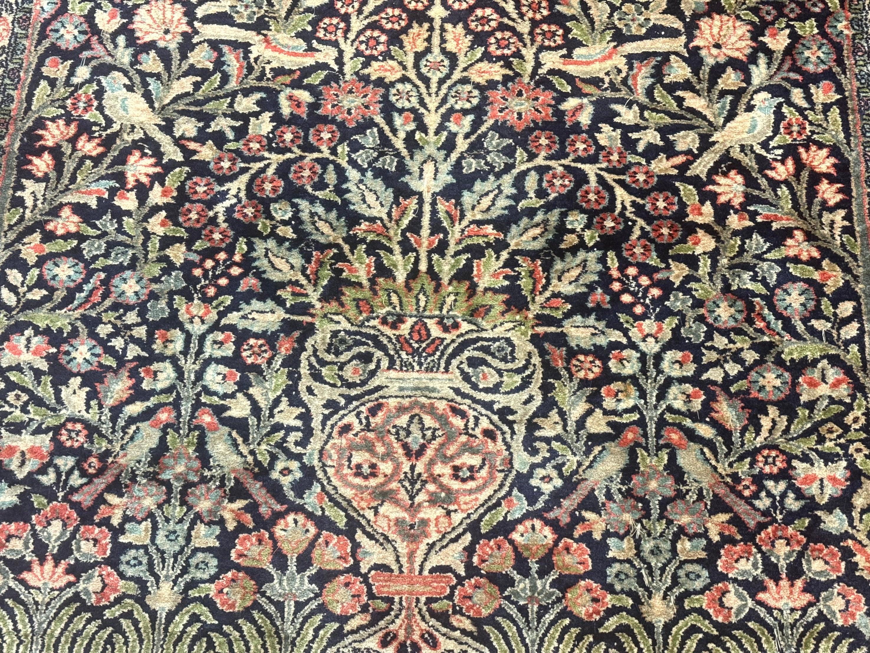 Silk Indian Kashmiri Rug 4x6, Tree of Life Pattern, Birds, Fine 290 KPSI, Navy Blue and Red, Handmade Oriental Carpet - Jewel Rugs