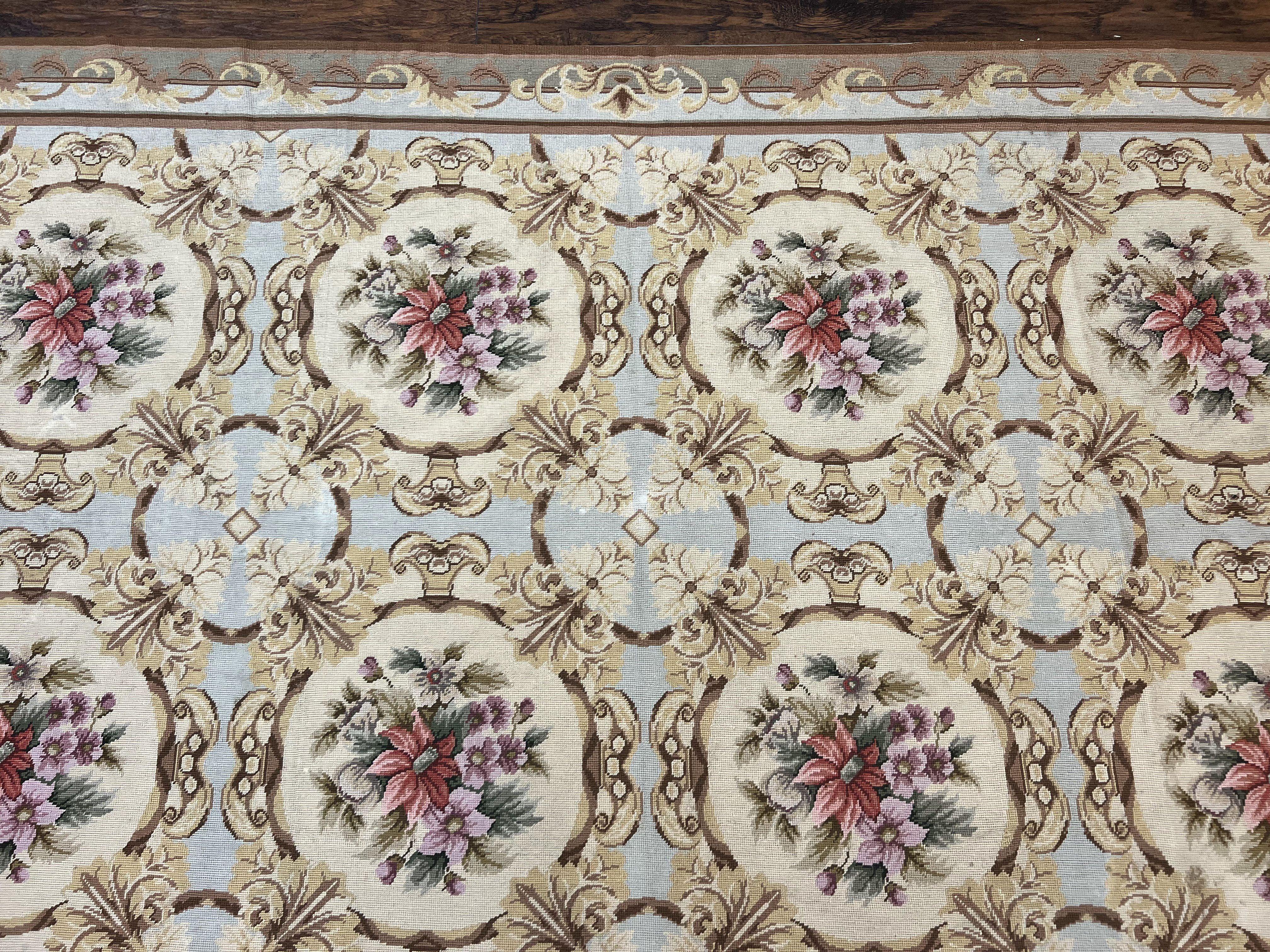 Chinese Needlepoint Rug 8x11, Handmade Wool Needlepoint Carpet, Vintage, Sky Blue - Jewel Rugs