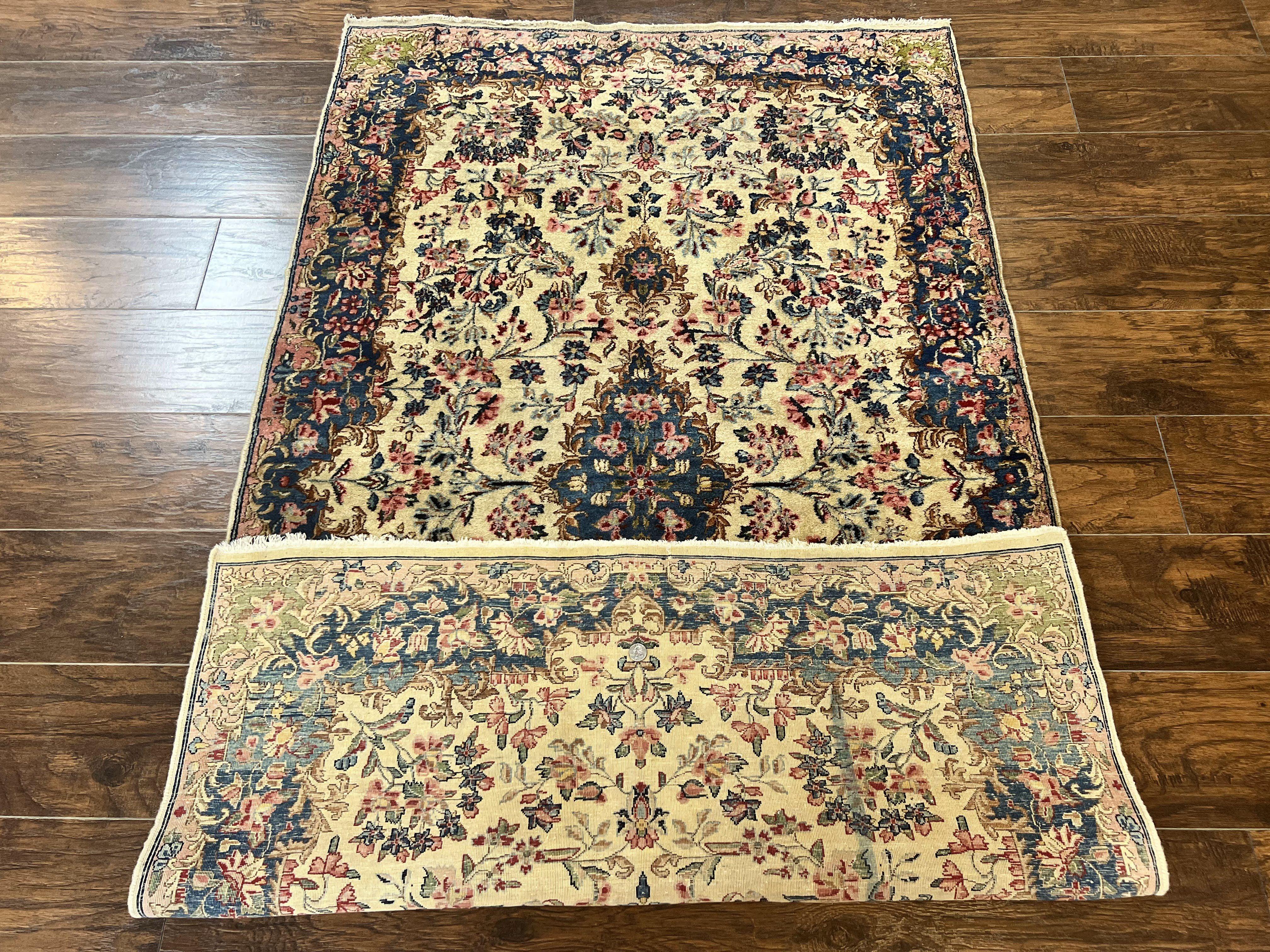 Antique Persian Kirman Rug 4x7, Cream and Navy Blue, Hand Knotted Wool Floral Carpet - Jewel Rugs