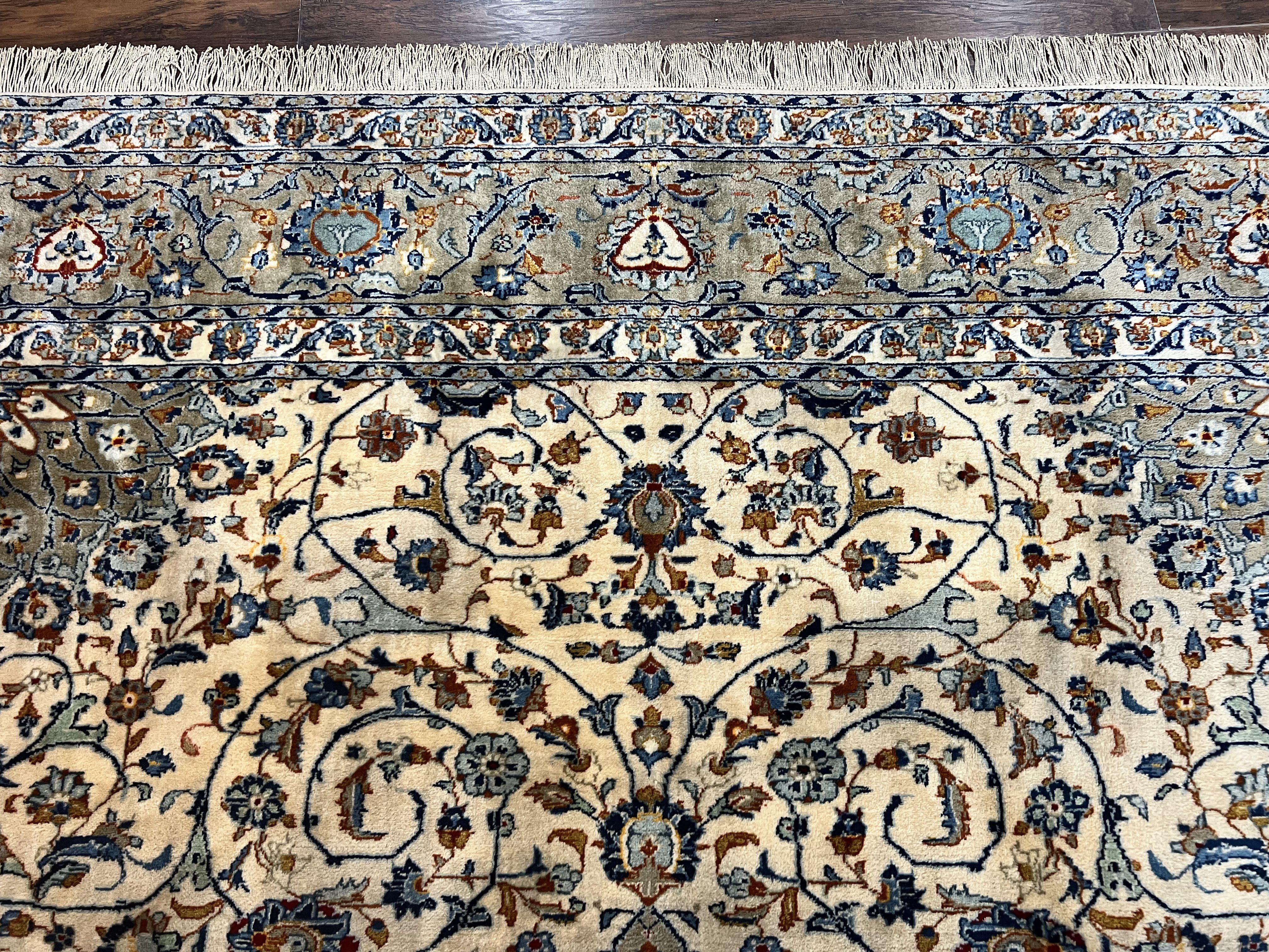 Persian Kashan Rug 10x13, Floral Medallion, Cream, Hand Knotted Antique Persian Carpet, Large Wool Rug - Jewel Rugs