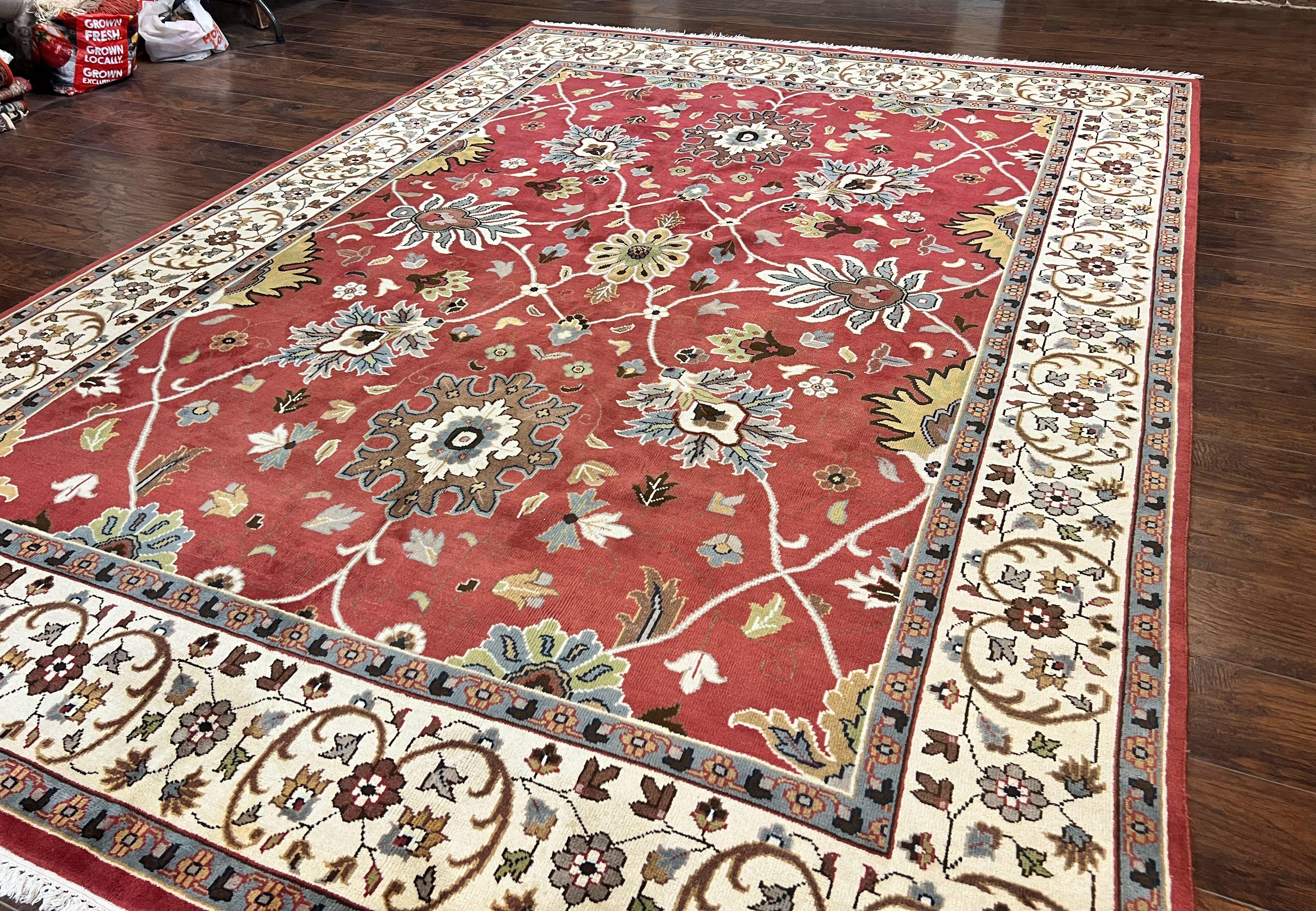 Indo Persian Rug 9x12, Wool Hand Knotted Vintage Carpet, Red & Ivory, Floral Allover, 9 x 12 Room Sized Rug - Jewel Rugs