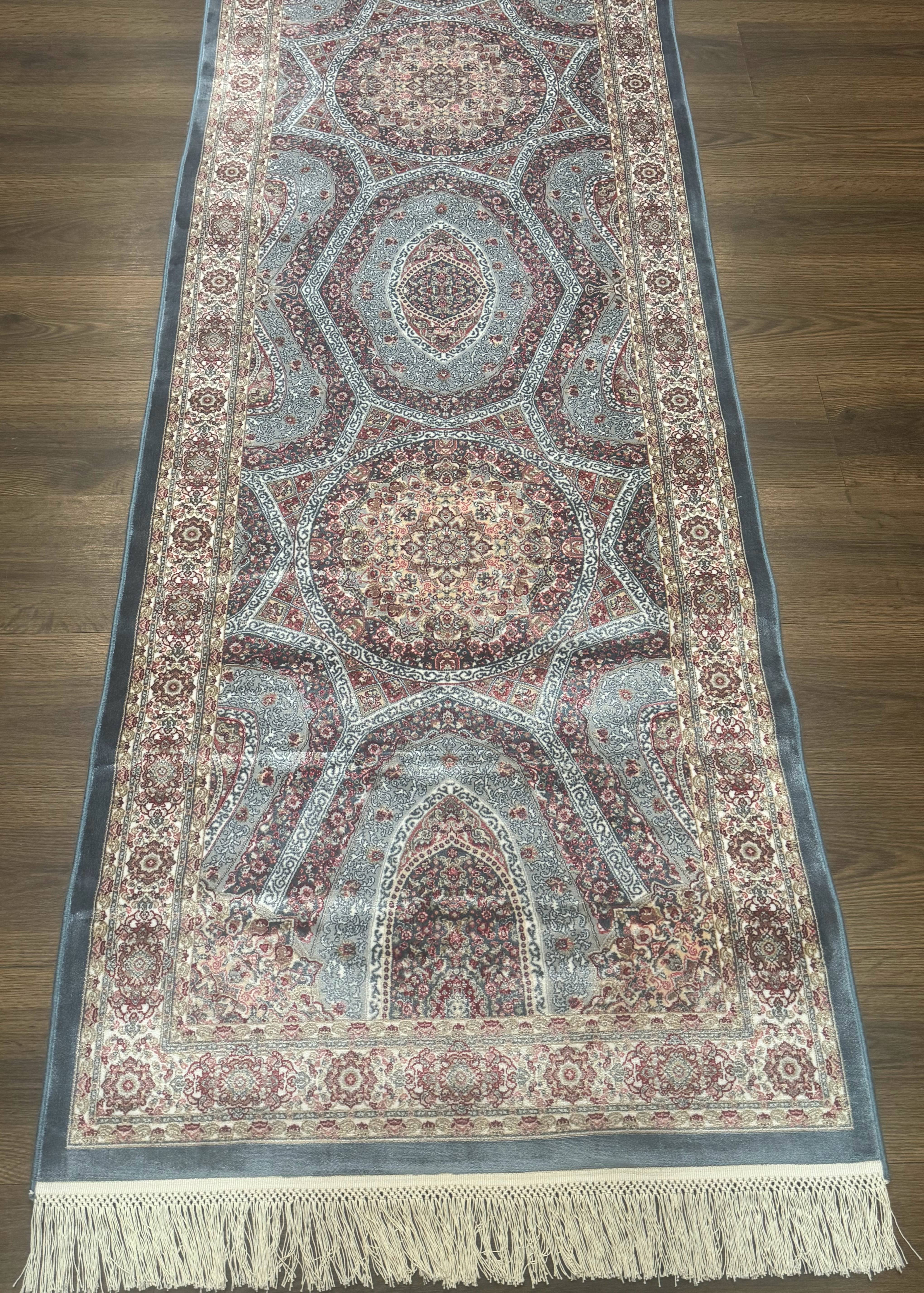 Turkish Silk Runner Rug 2.6 x 13, Blue Runner Rug, Dome Design, Bamboo Silk, New - Jewel Rugs
