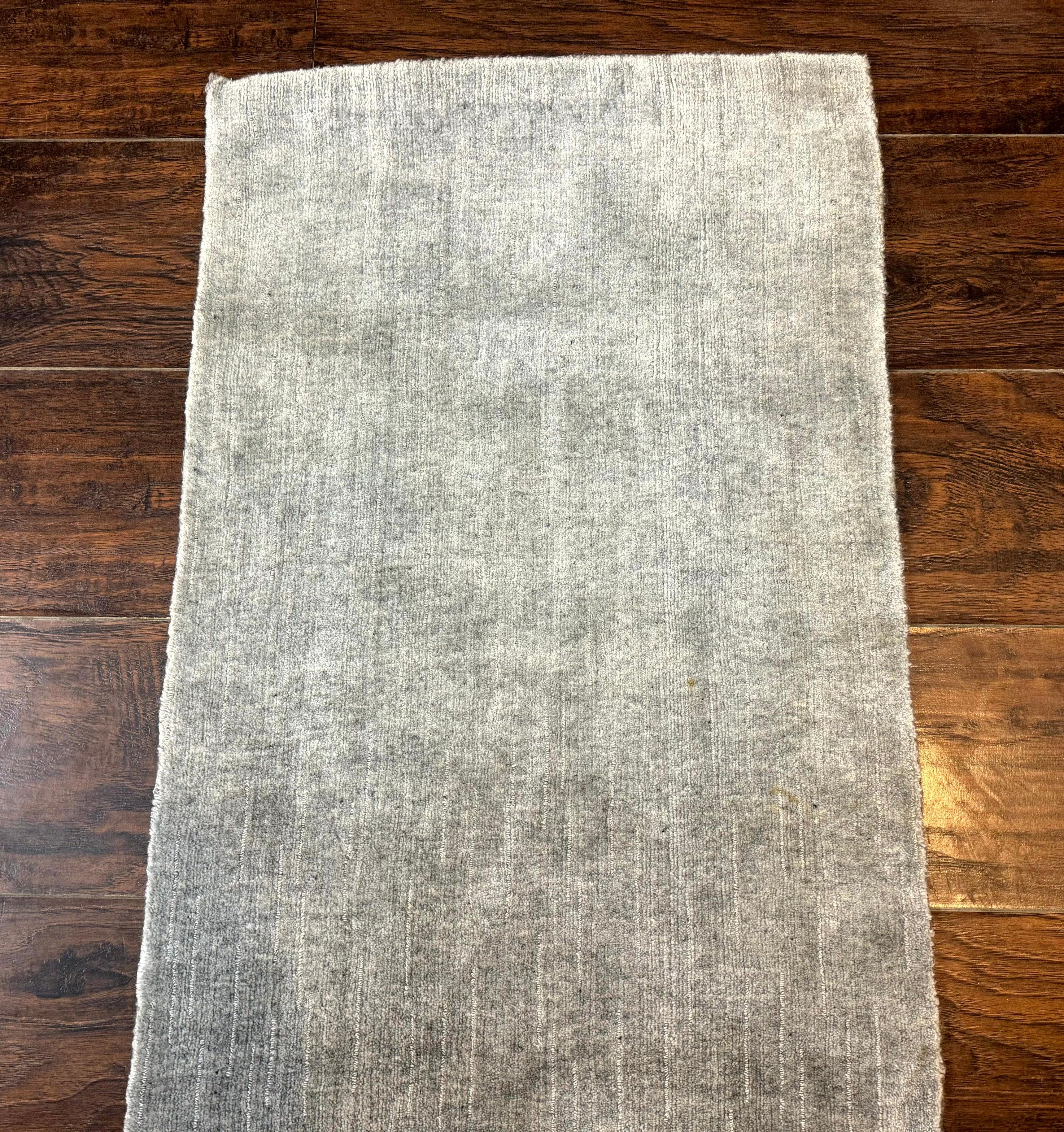 Modern Tibetan Runner Rug 1.9 x 8.6, Wool and Silk Highlights, Gray/Silver, Narrow Runner for Hallway or Kitchen - Jewel Rugs