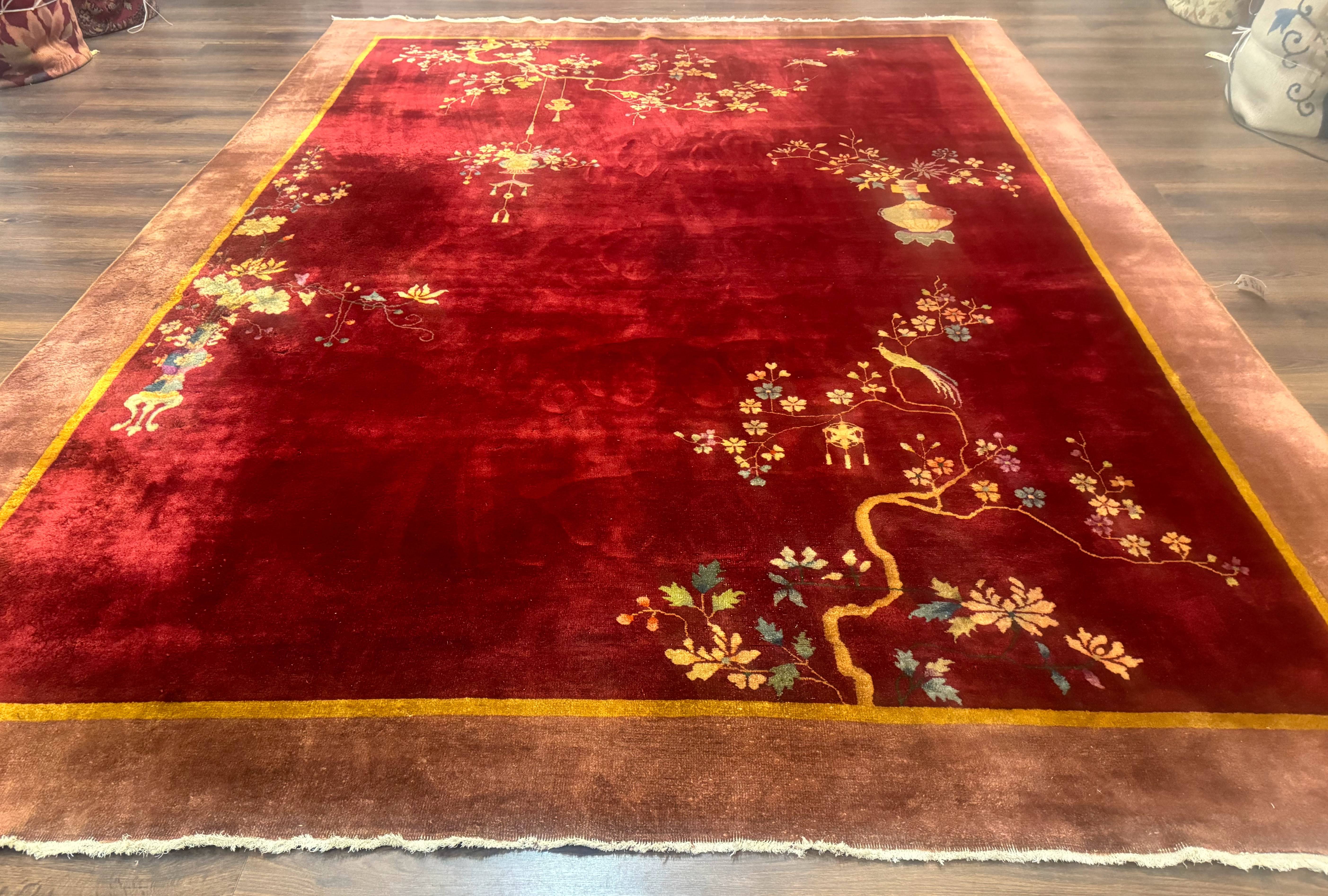 Red Chinese Art Deco Rug 9x11, Simple Design, Wool Chinese Area Rug, Antique - Jewel Rugs