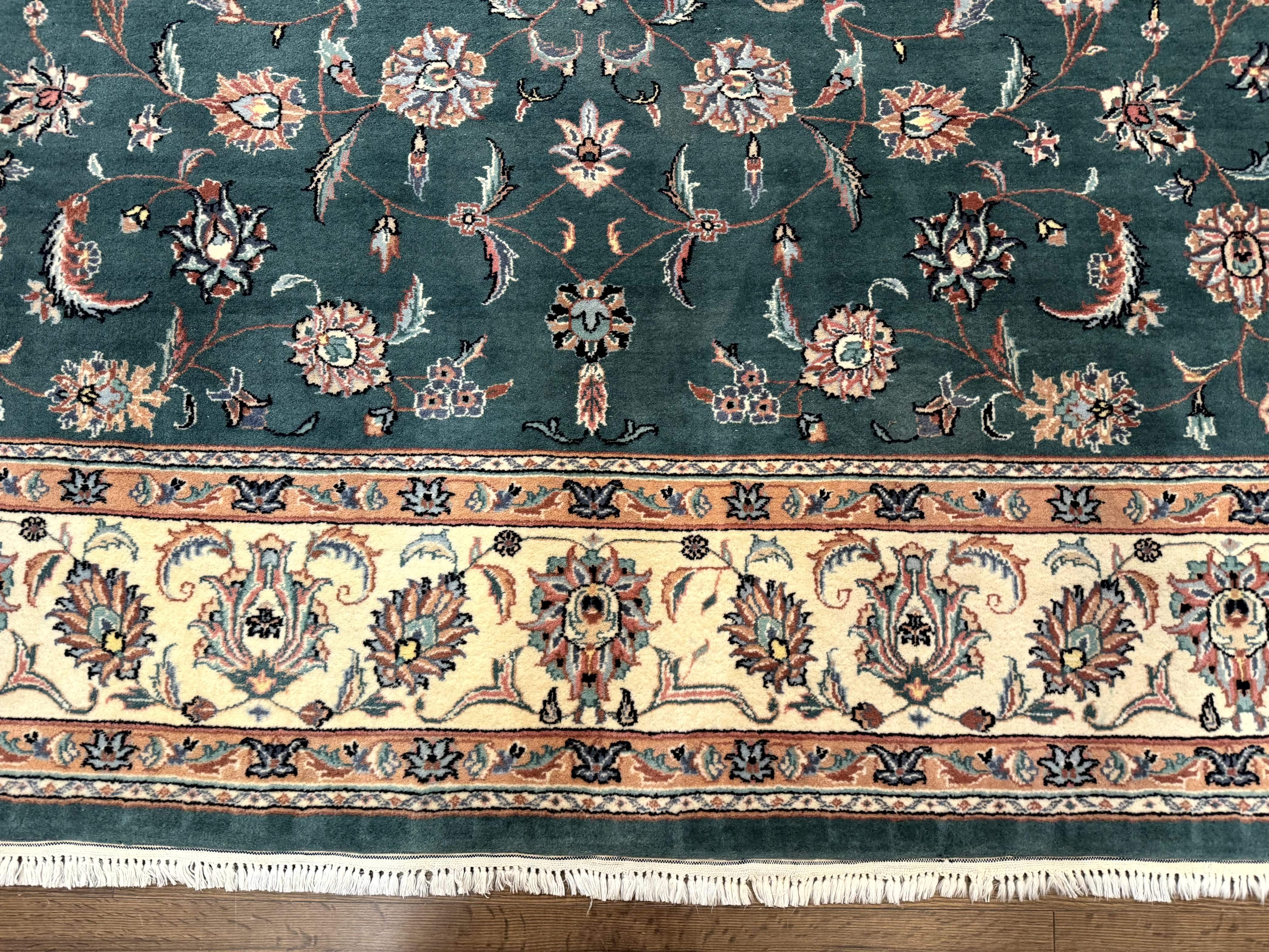 Indo Persian Rug 8x10, Green and Beige Oriental Carpet, Traditional Wool Area Rug, Floral Allover Pattern - Jewel Rugs