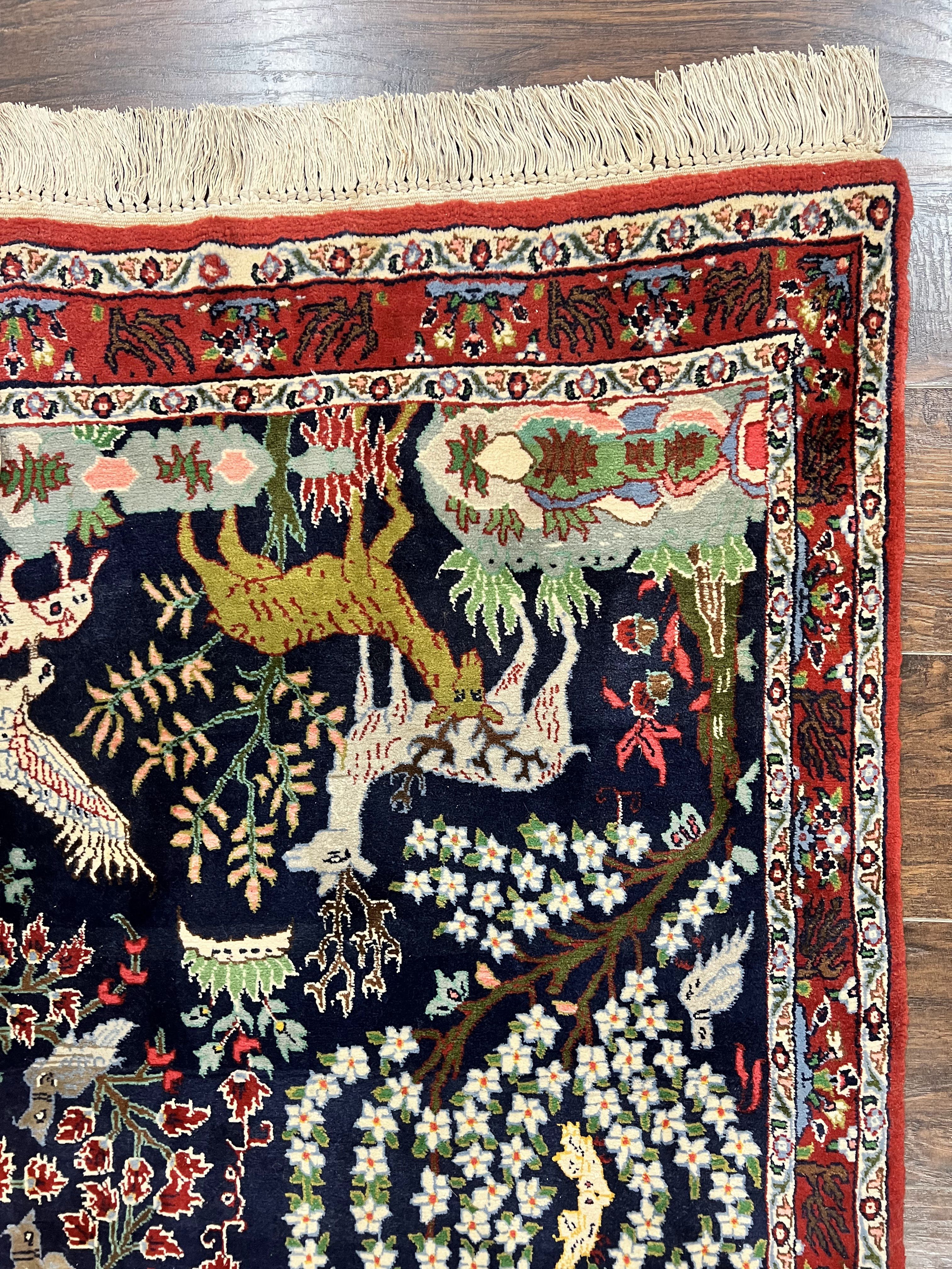 Small Persian Qum Rug 3x5, Animal Pictorials, Tree of Life, Hand Knotted Handmade Vintage Wool Oriental Carpet, Flowers Deer Birds, Dark Blue - Jewel Rugs