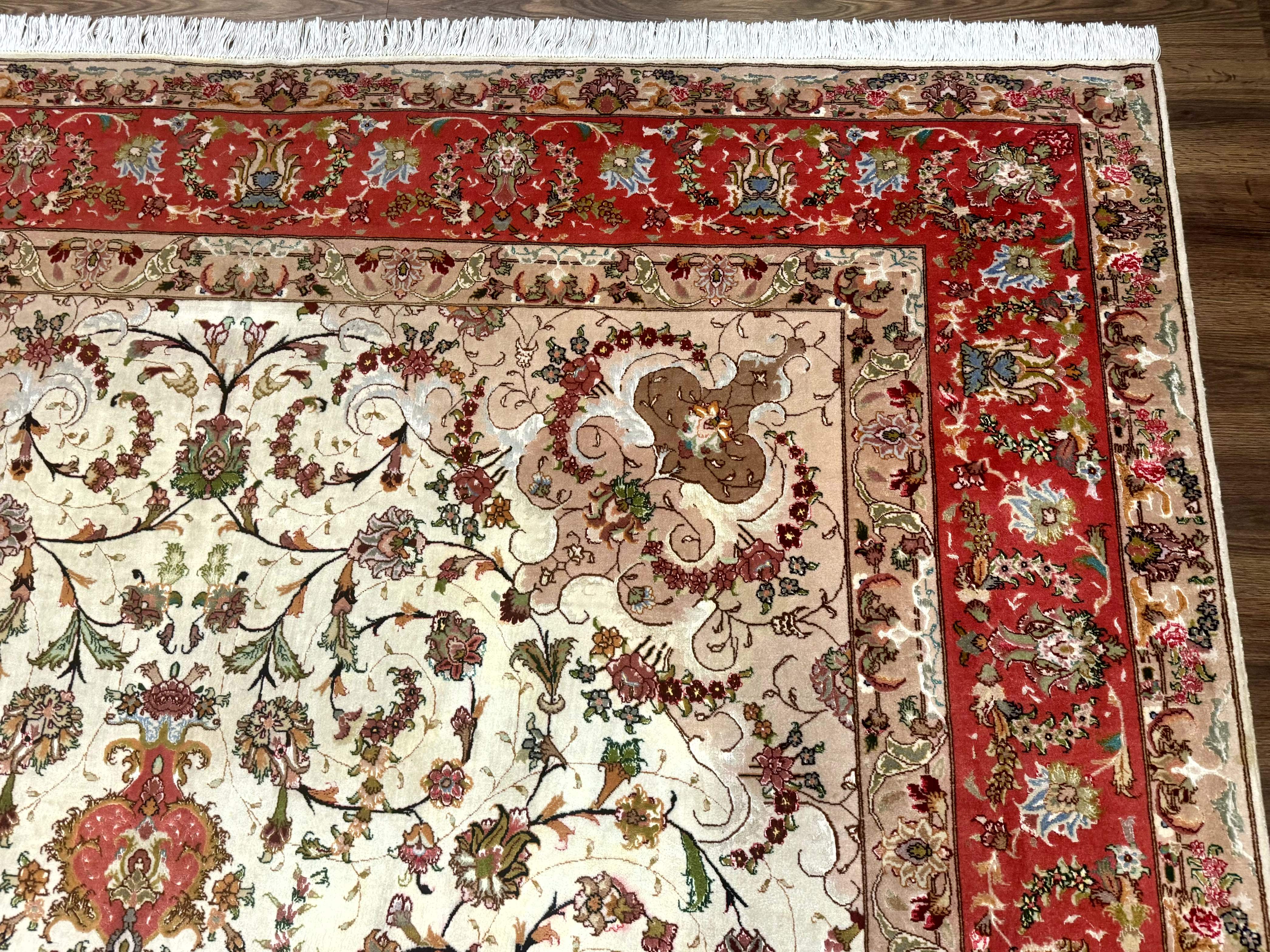 Persian Tabriz Rug 8x12 – Ivory and Coral Red, Hand-Knotted Wool Fine Carpet - Jewel Rugs