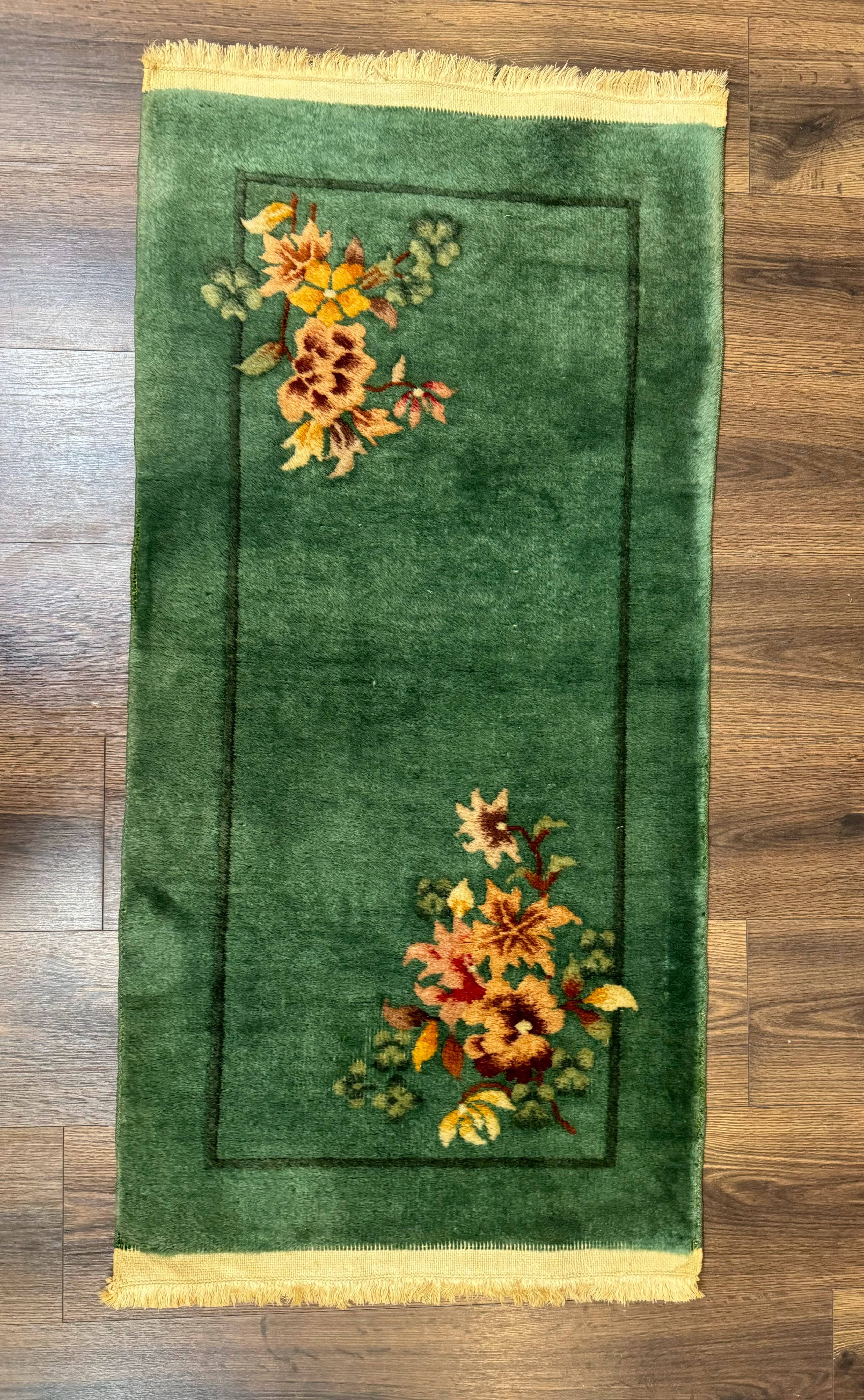 Small Antique Chinese Art Deco Rug 2x4, Green, Nichols Carpet, Wool - Jewel Rugs