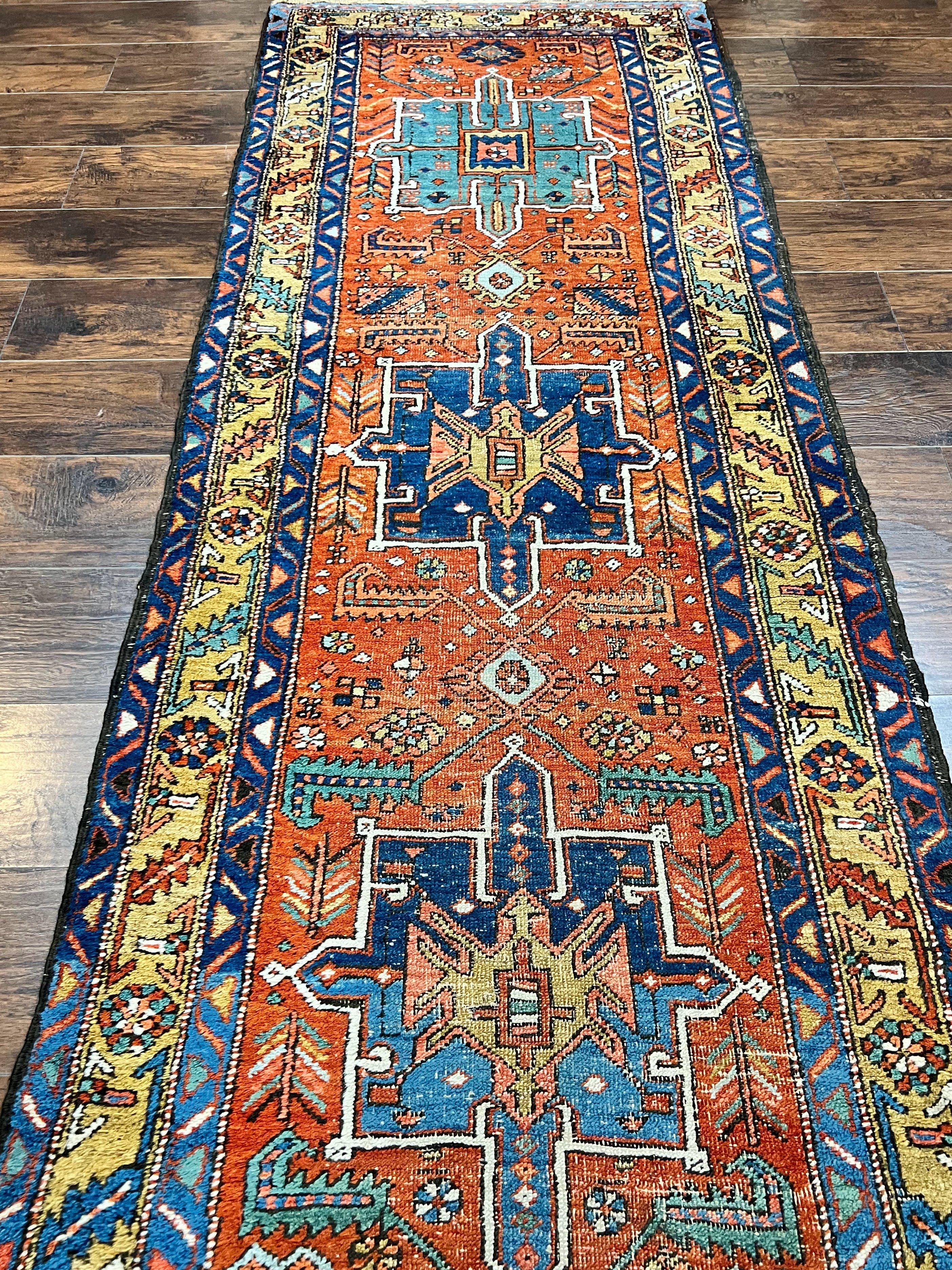 Colorful Persian Karajeh Runner Rug 3 x 10.7, Geometric Heriz Design, Antique Oriental Rug for Hallway, Orange-Red Blue, Handmade Tribal Runner - Jewel Rugs