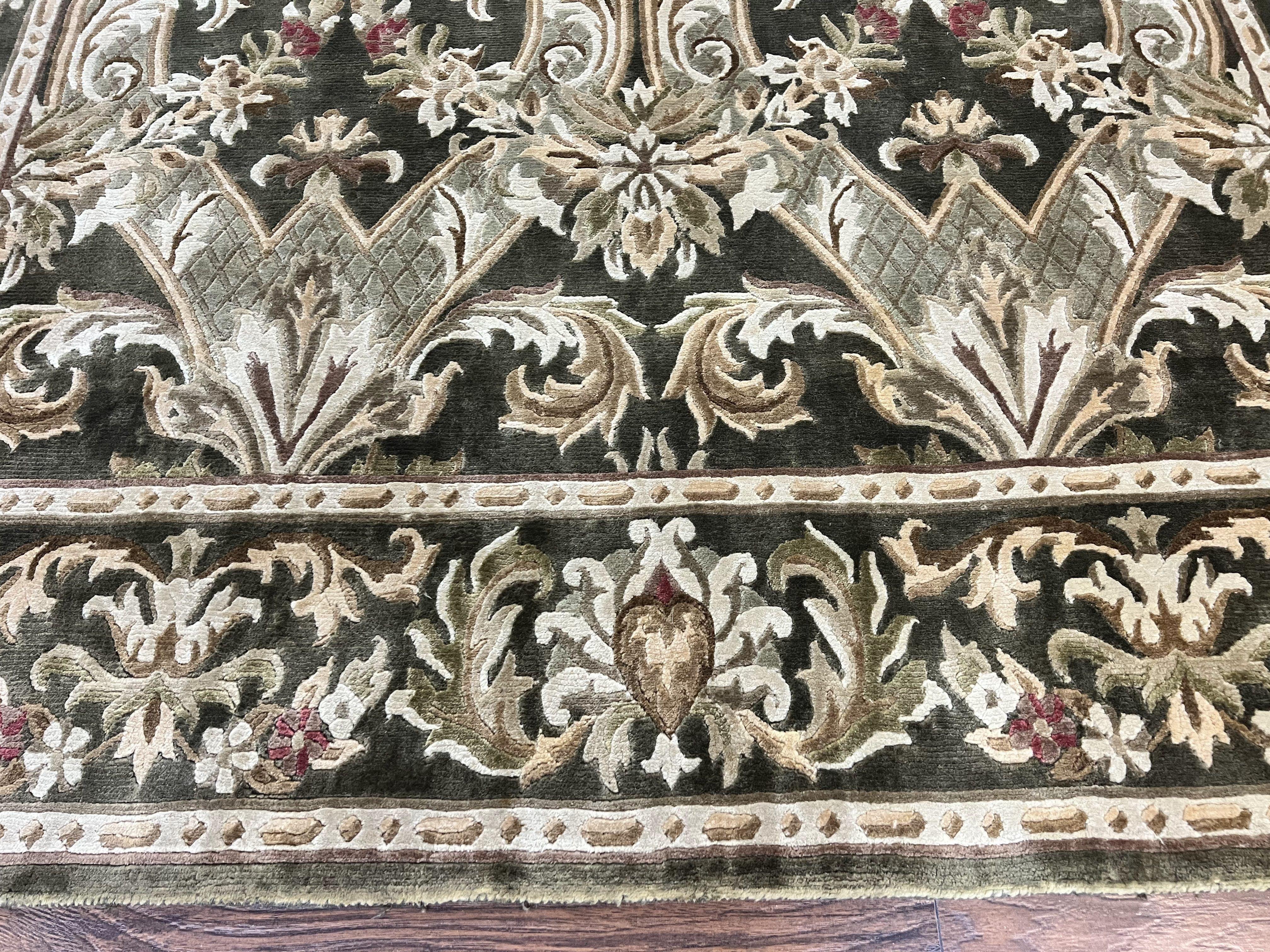 Tibetan Rug 8x10, European Design, Floral, Green, Handmade, Wool, Nepali Rug - Jewel Rugs