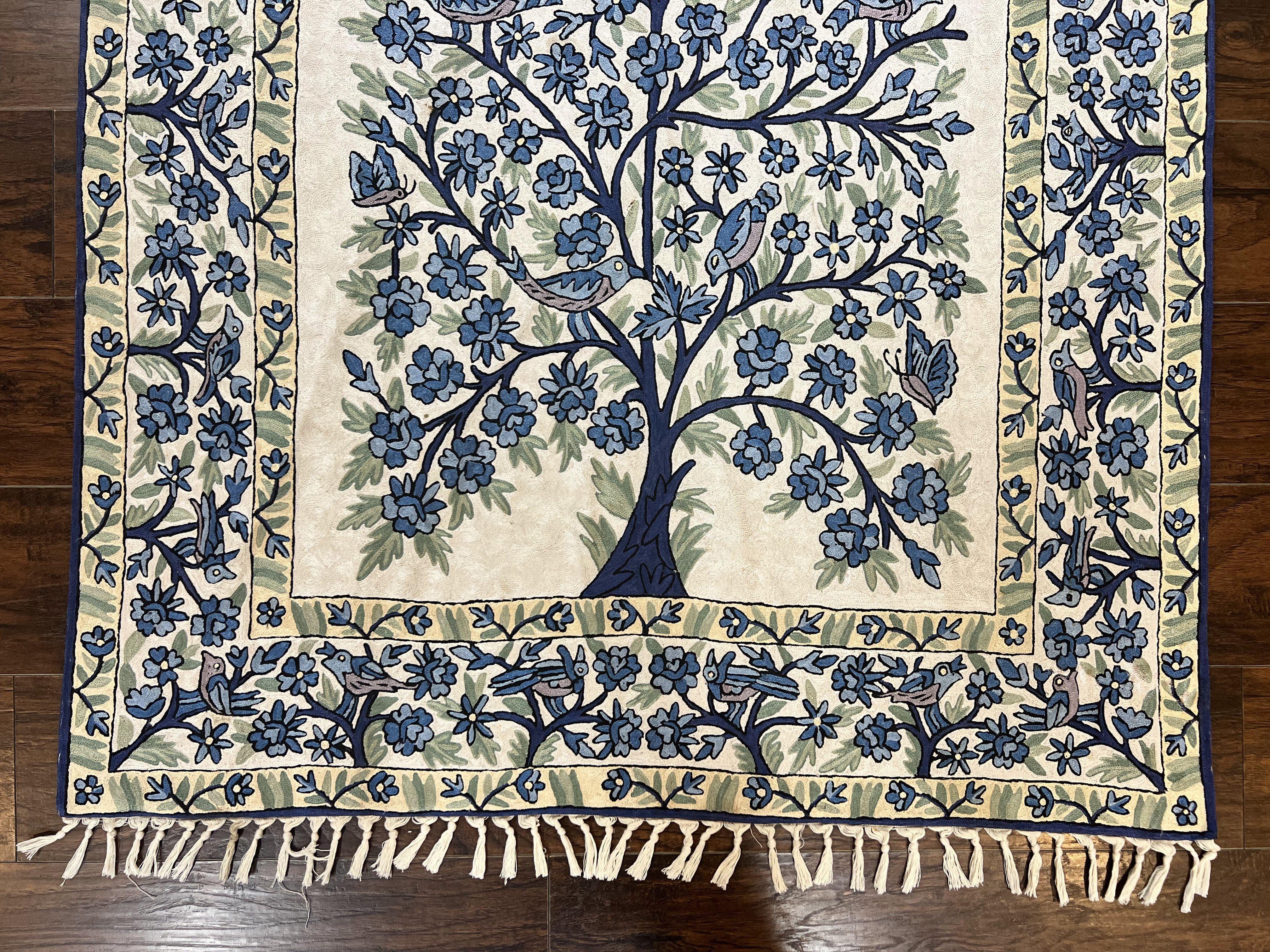 Tree of Life Indian Hand Stitched Rug 4x6, Indian Wall Hanging Rug, Ivory Blue, Silk on Cotton, Vintage - Jewel Rugs
