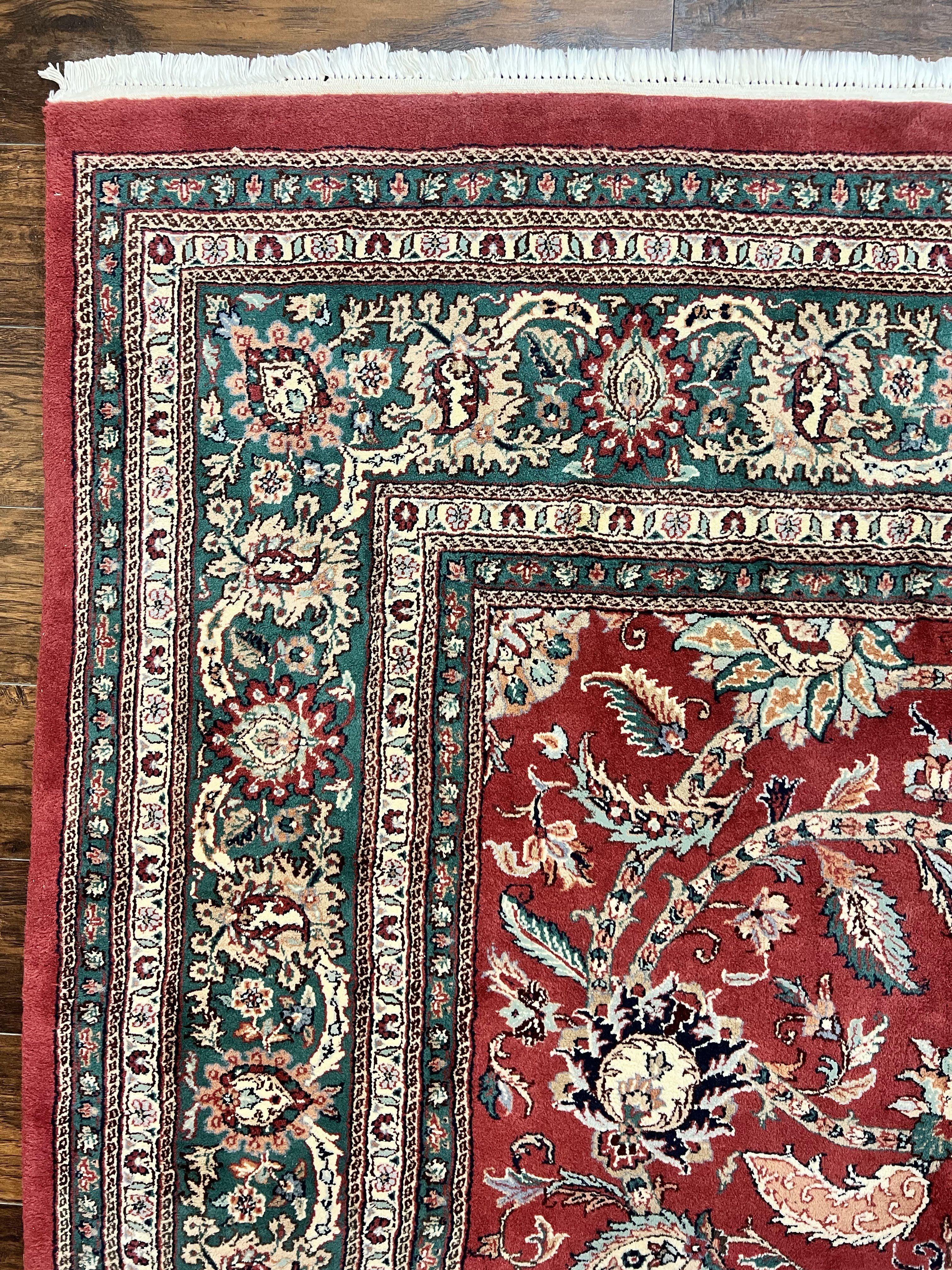 Indo Persian Rug 9x12, Wool Hand Knotted Vintage Carpet, Red & Green, Floral Allover 9 x 12 Room Sized Oriental Rug - Jewel Rugs