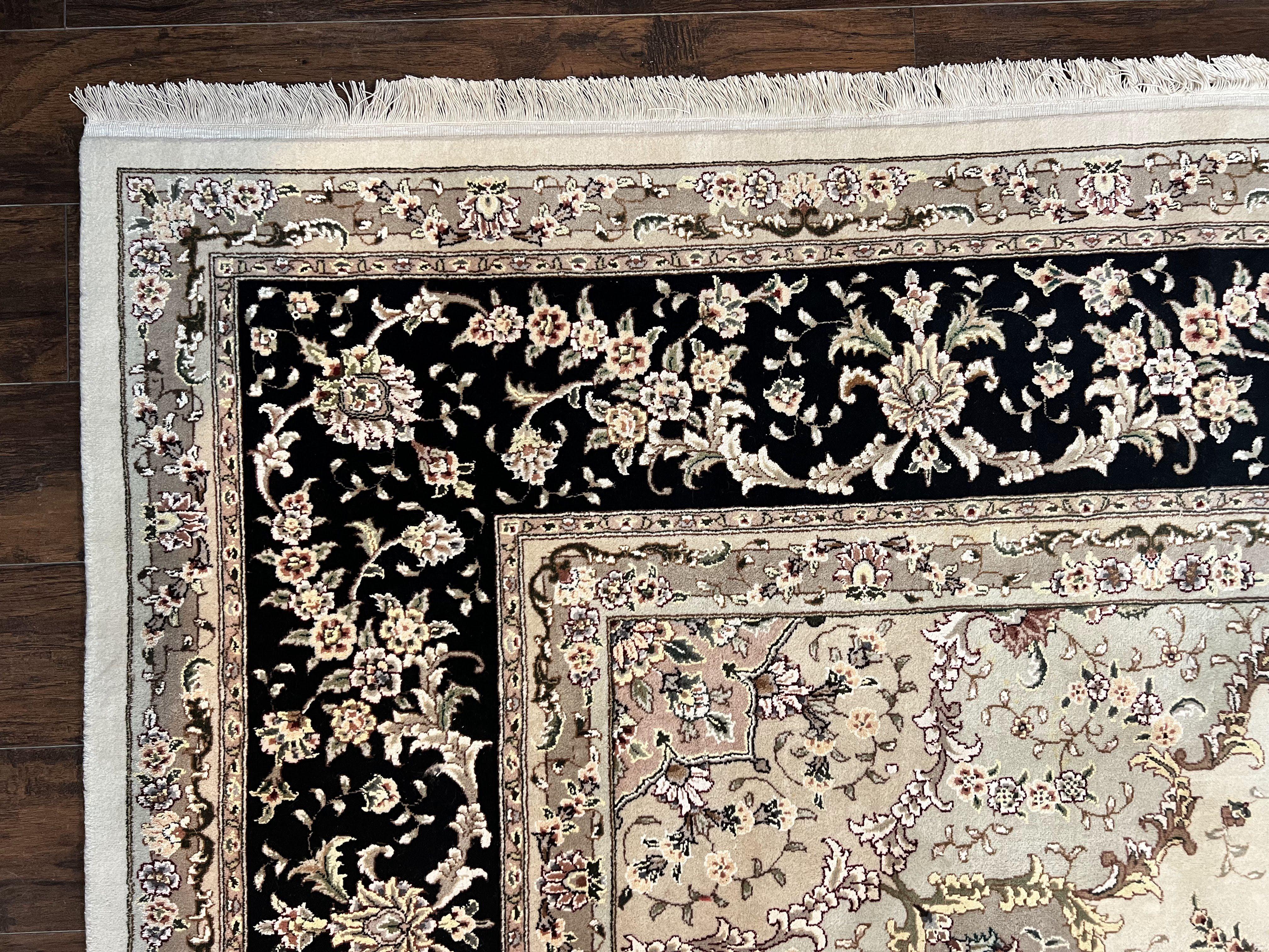 Sino Persian Rug 12x15, Ivory and Black, Floral Medallion Carpet, Large Palace Size Oriental Rug, Wool and Silk Highlights, Vintage Rug - Jewel Rugs