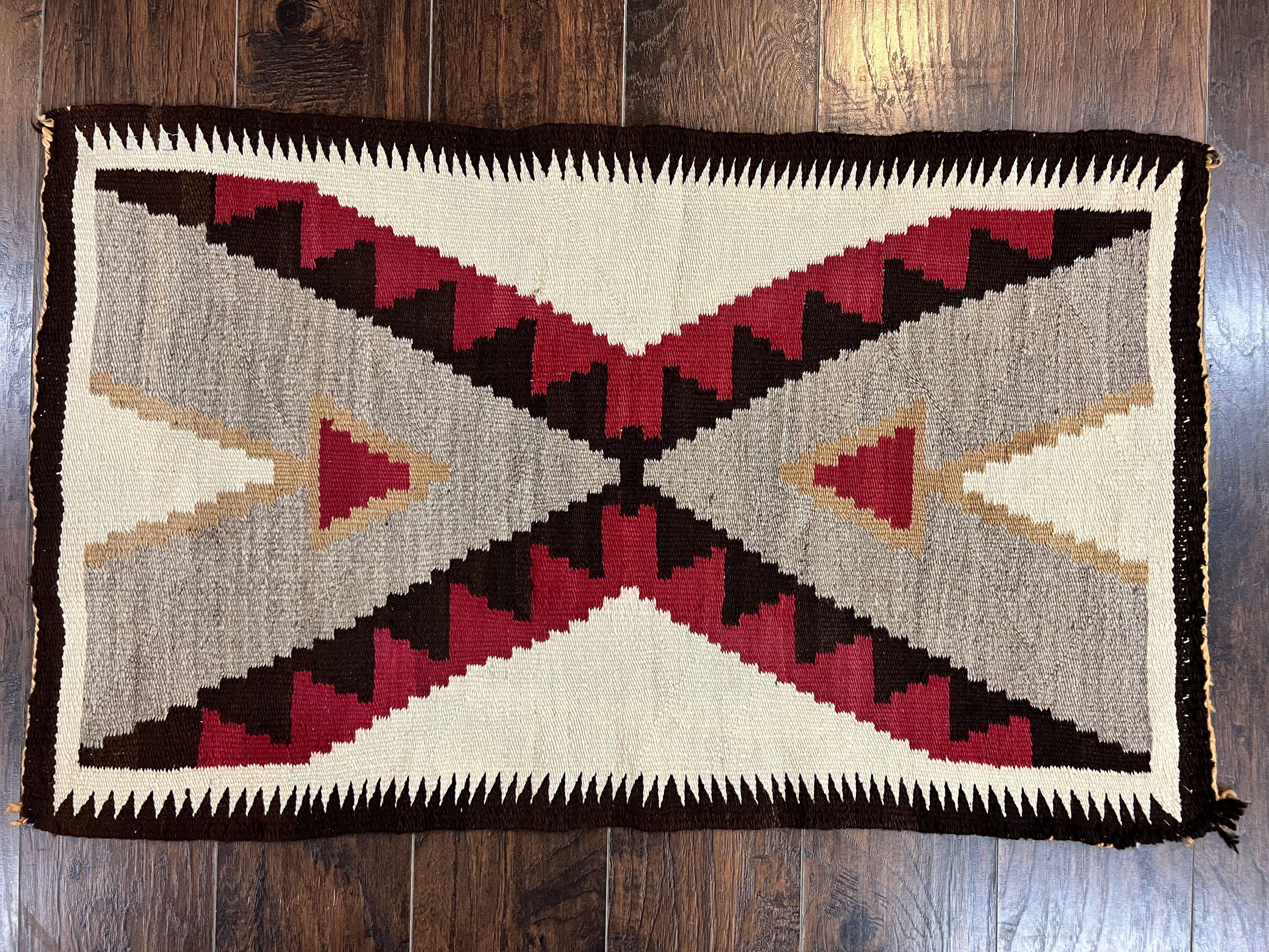 Antique Navajo Rug 2x4, Collectible Native American Wool Handmade Rug, Ivory Black Red Gray, Vintage Navajo Textile - Jewel Rugs