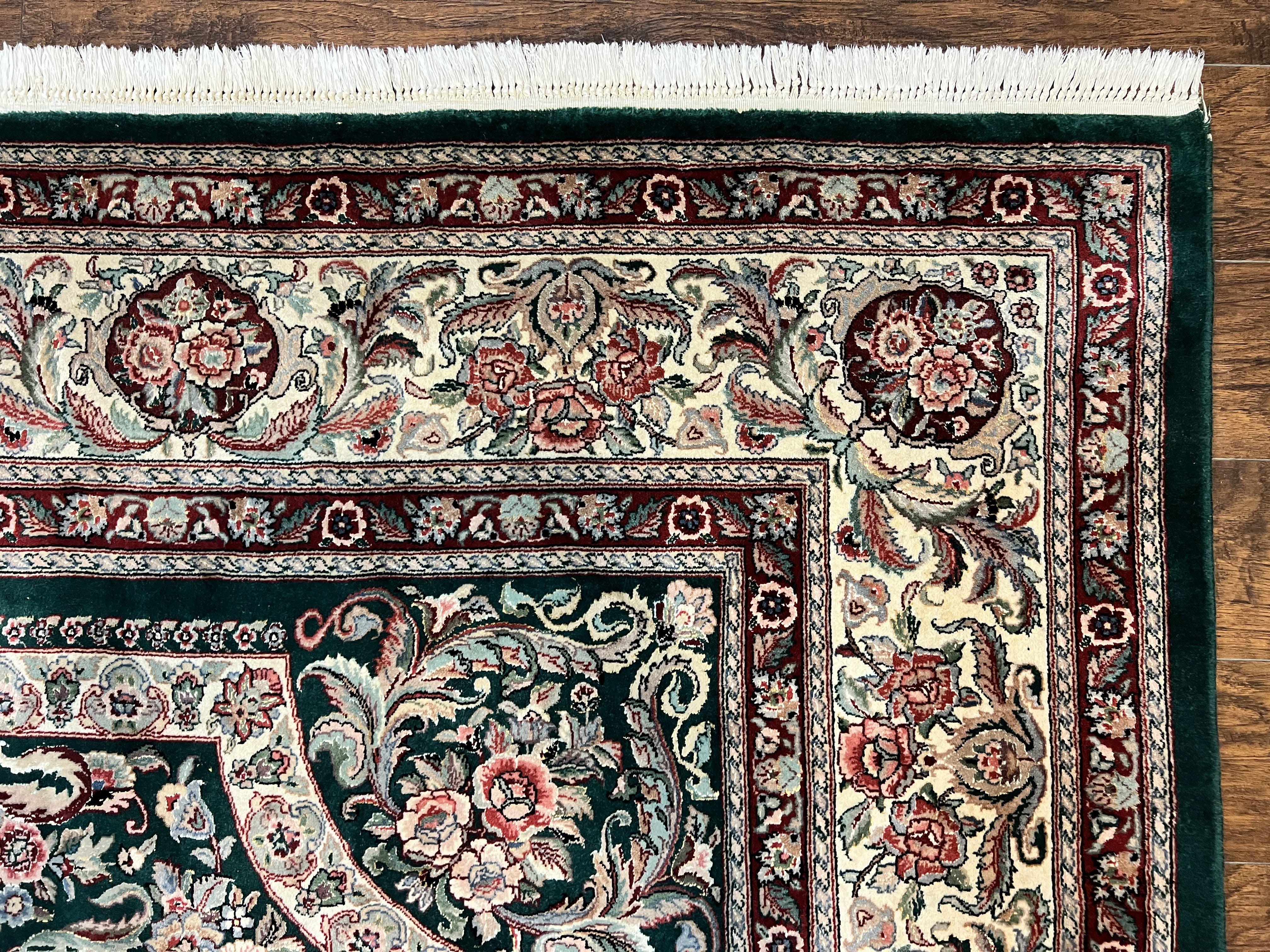 Pak Persian Rug 9x12, Dark Green and Cream, Floral Medallion, Elegant Handmade Wool Carpet 9 x 12 - Jewel Rugs